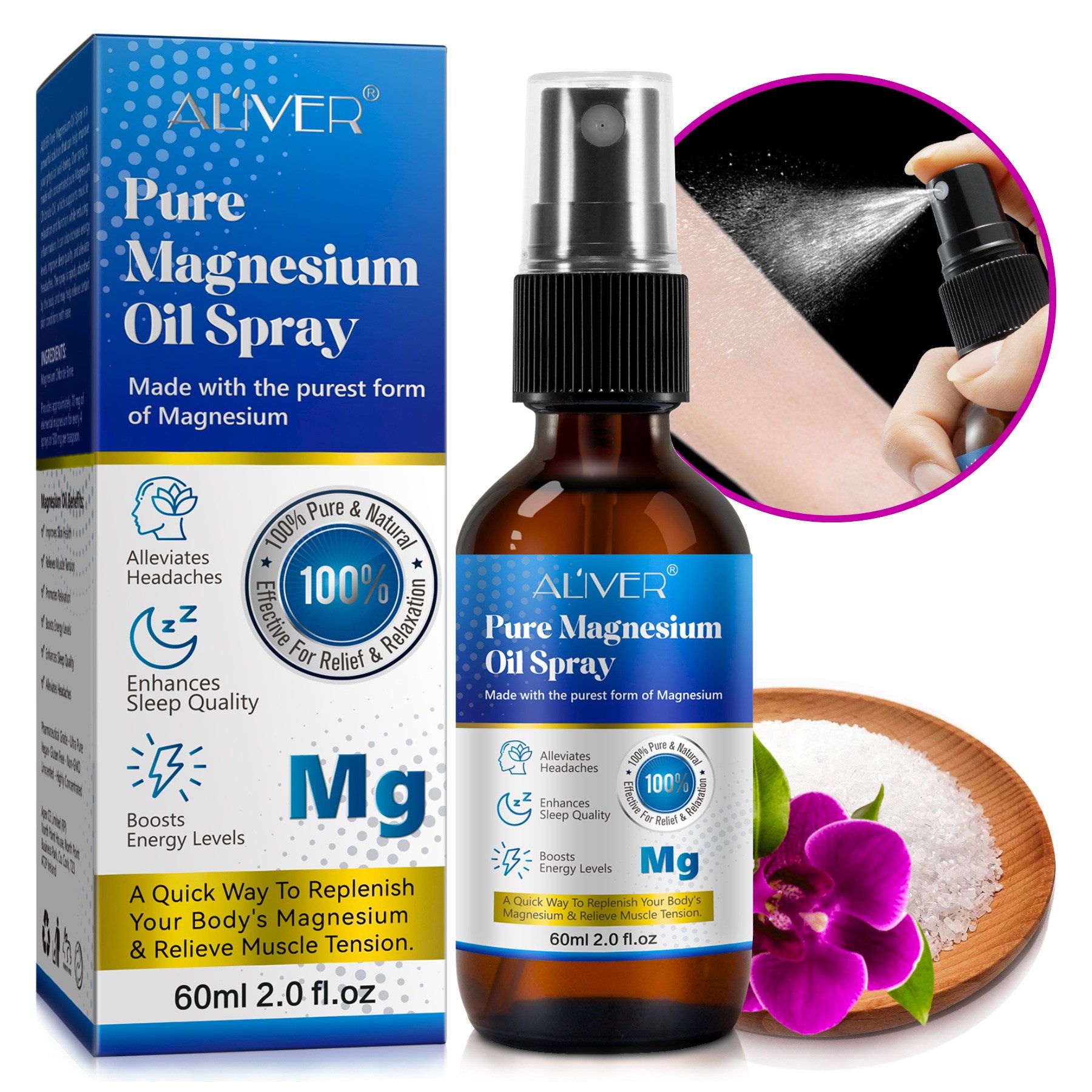 ALIVER Gesichts- und Körperspray Pure Magnesiumöl Spray für Sport Muskel Entspannung 60ml, 3-tlg., 60ML