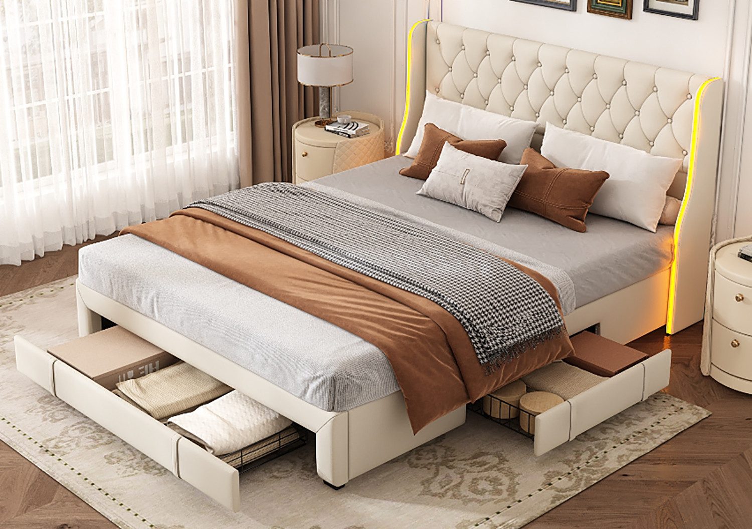 FUROKOY Polsterbett Doppelbett Stauraumbett mit 3 Schubladen Beige (Mit Kop günstig online kaufen