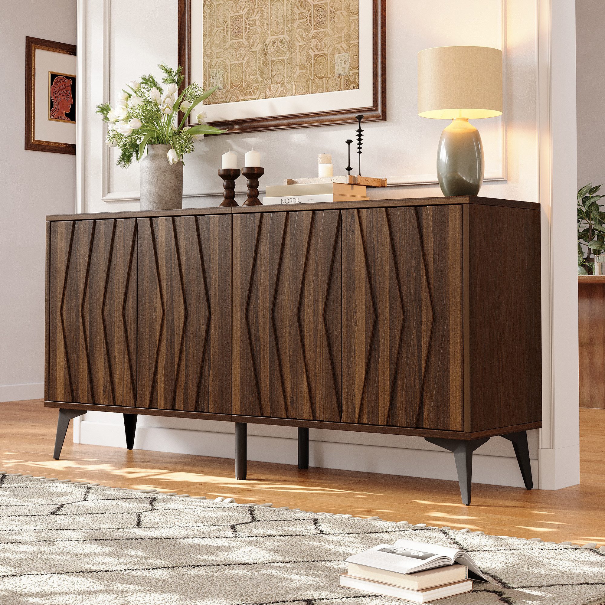 Merax Sideboard mit 4 Türen und 2 verstellbaren Einlegeböden, grifflos mit Soft-Close (140 x 35 x 70 cm, 1 St), Küchenschrank im Landhausstil, Kommode mit 3D-geprägten Fronten