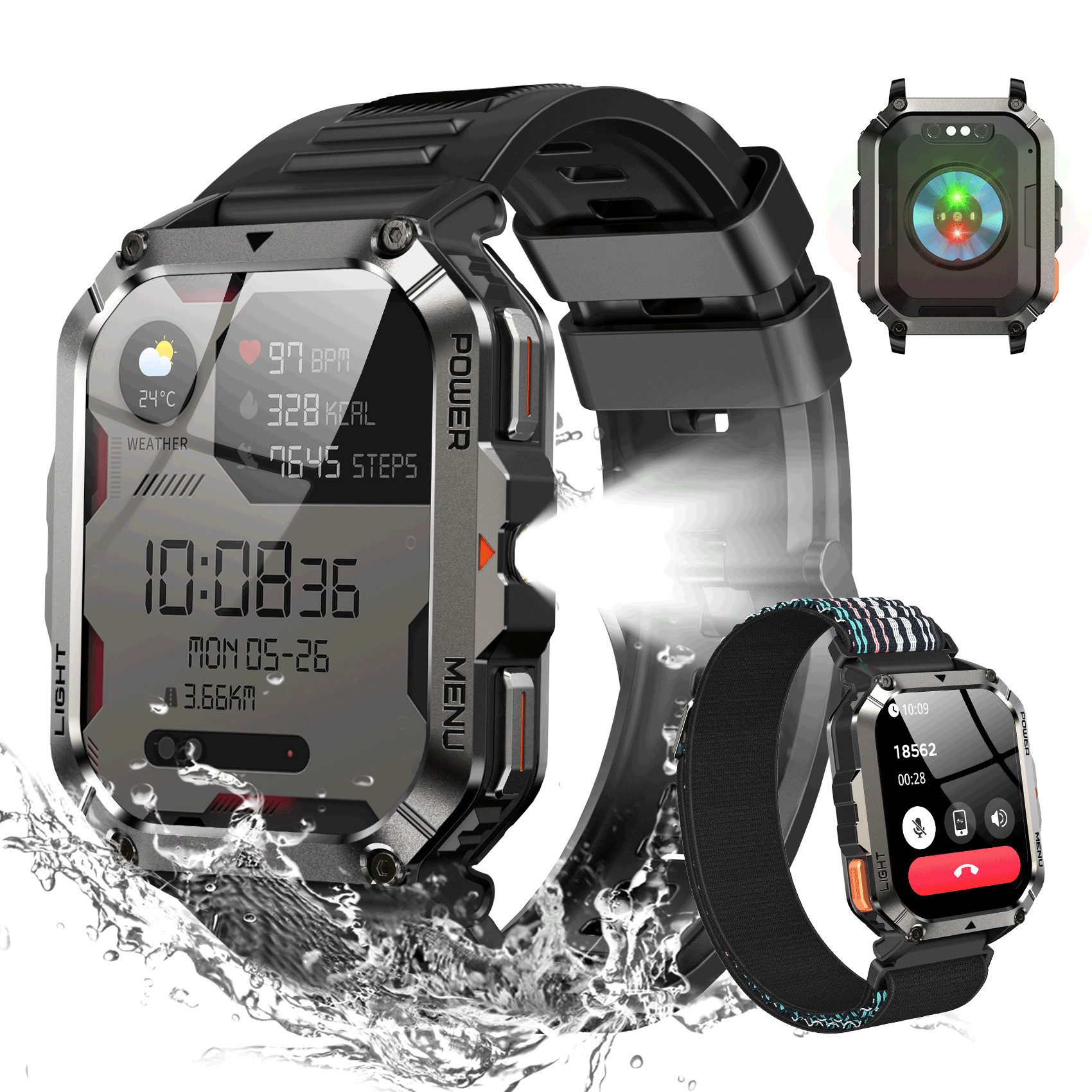 blackview Militär-Smartwatch Herren mit 900mAh Akku/LED-Taschenlampe/Kompass/SOS Smartwatch (2.01 Zoll, iOS/Android), 2×Riemen (Silikonband + gewebtes Band) 1×magnetisches Ladekabel, Herzfrequenz,SpO₂& Schlafüberwachung,100+ Sportmodi,Schrittzähler,IP68