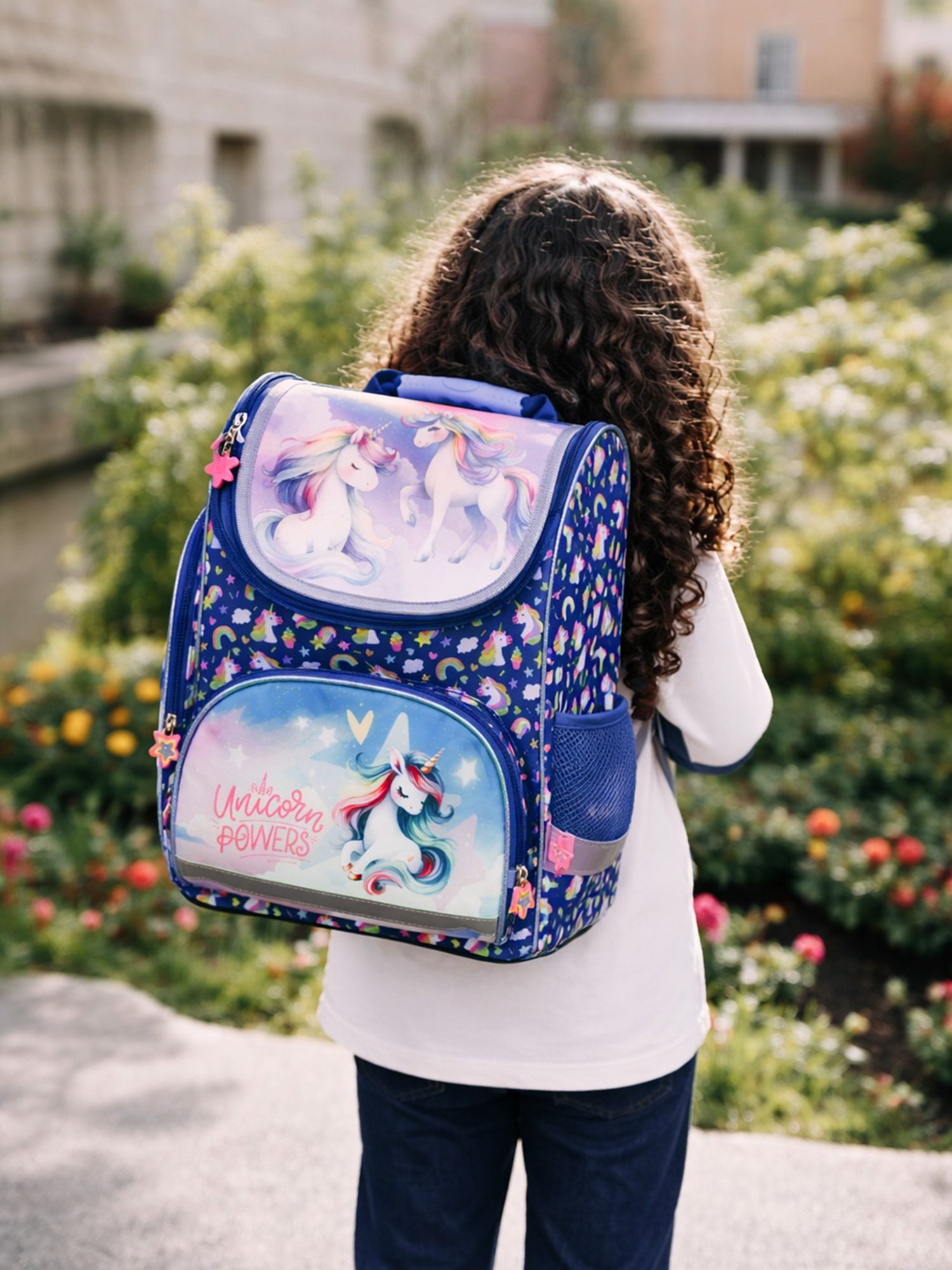 Familando Schulranzen Unicorn / Einhorn Schultaschen Set Mädchen 1. Klasse (Set, 8-tlg., inkl. Federmappe, Lunch-Set und Sporttasche), ergonomisch, 15L Volumen; dunkelblau, Einhorn Regenbogen Motiv