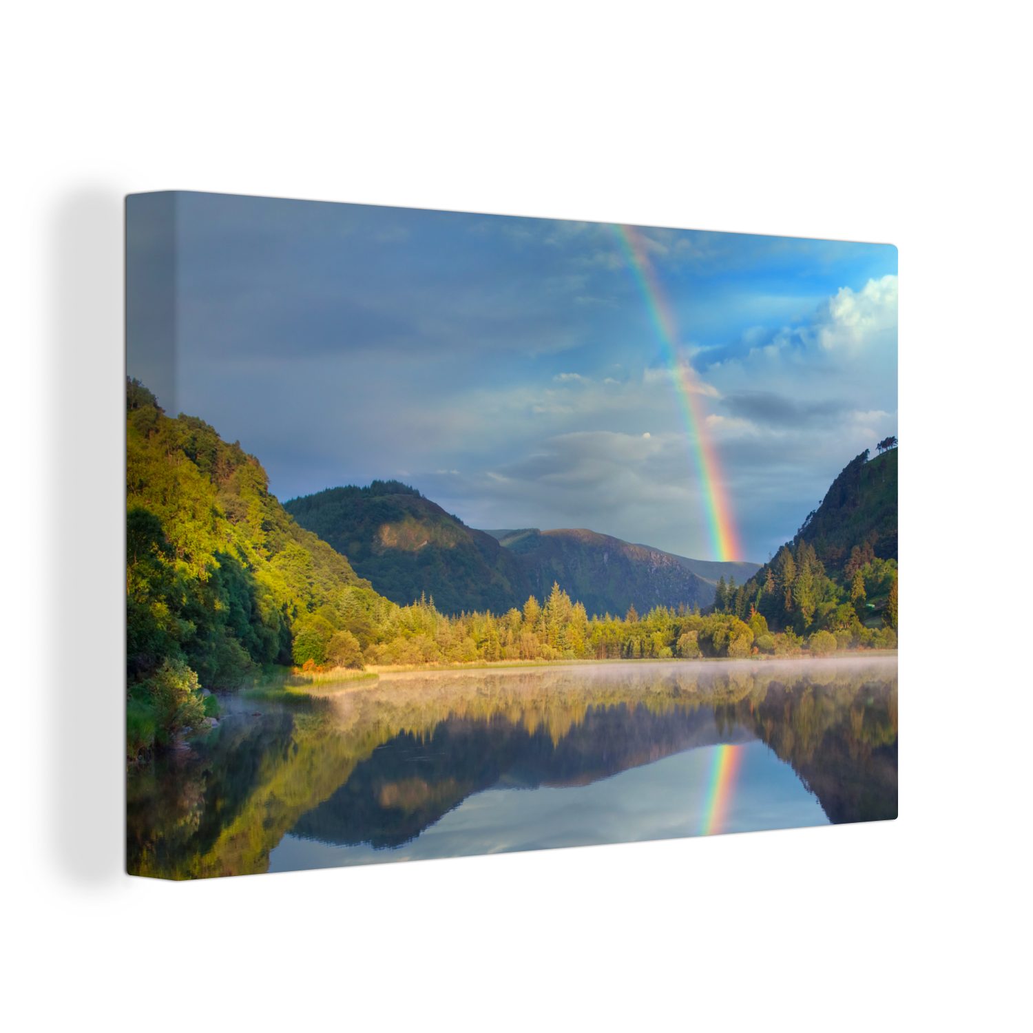 OneMillionCanvasses® Leinwandbild Ein kleiner See unter einem Regenbogen in den Bergen, (1 St), Wandbild Leinwandbilder, Aufhängefertig, Wanddeko, 30x20 cm