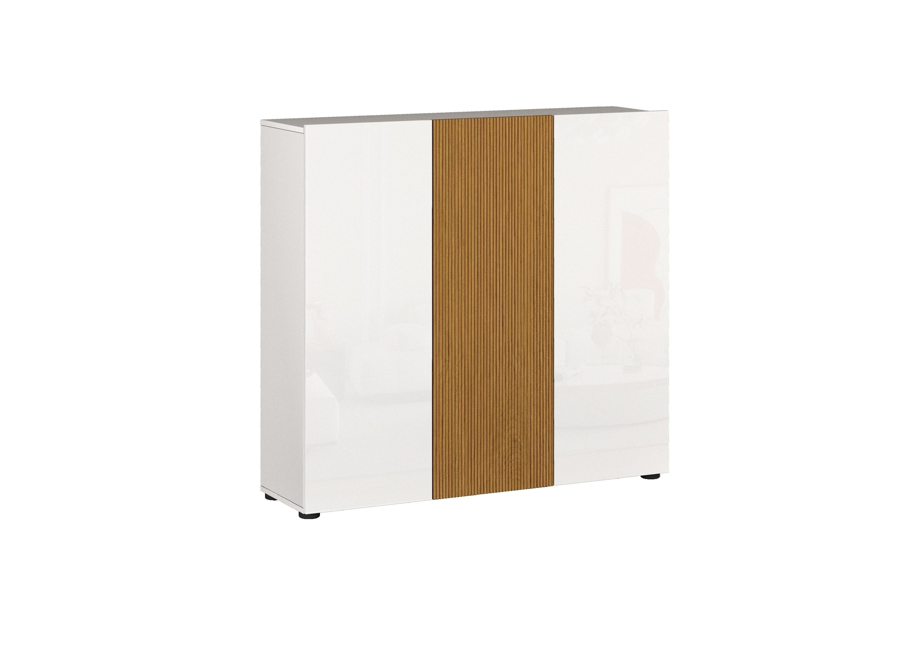 KITALY Schuhkommode 10 Böden, weiss hochglanz / Eiche Dekor - 120x115x34 (BxHxT)