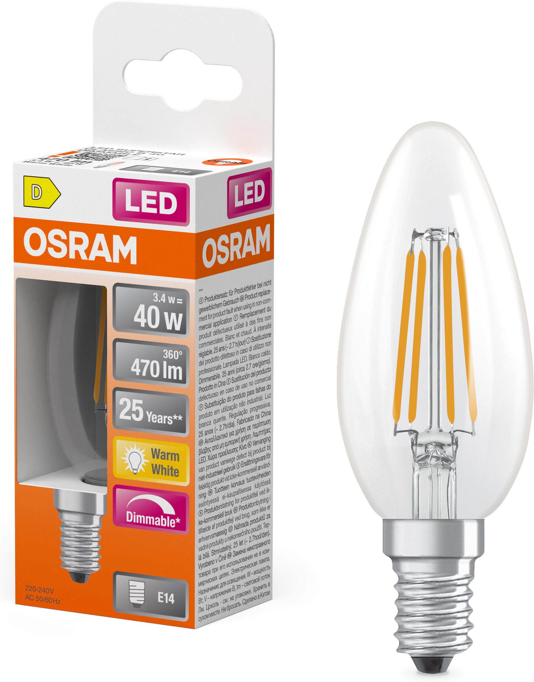 Osram LED-Leuchtmittel LED Retrofit CLASSIC Kerzenform, E14, 1 St., Warmweiß