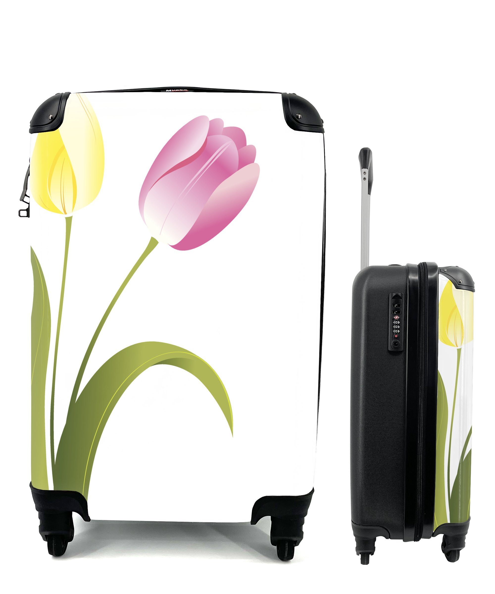 MuchoWow Handgepäckkoffer Eine Illustration einer gelben und rosa Tulpe, 4 Rollen, Reisetasche mit rollen, Handgepäck für Ferien, Trolley, Reisekoffer