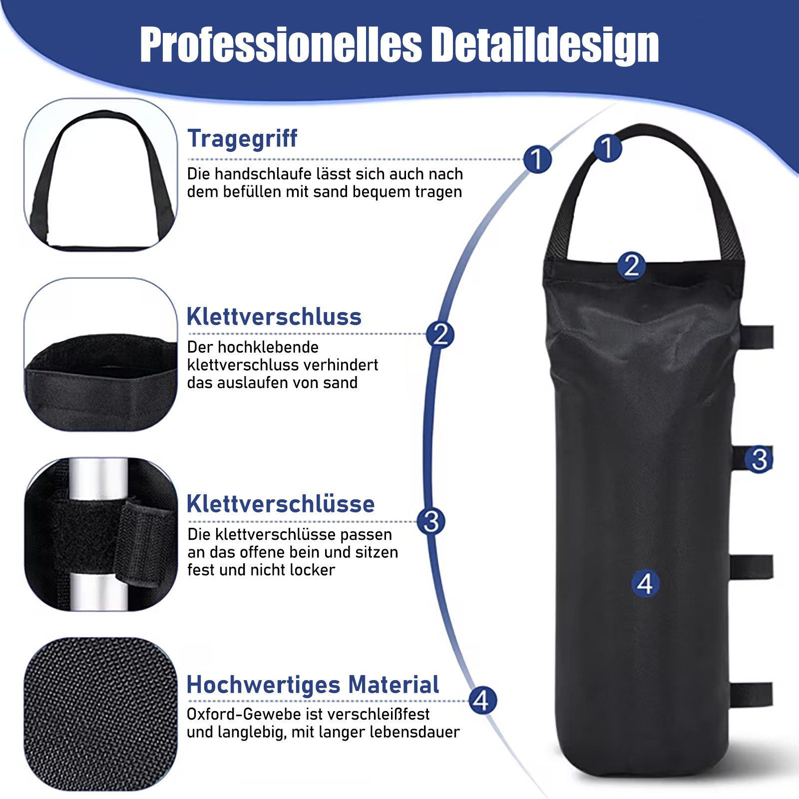 HUGERSTONE Pavillon-Sandsäcke 4er Set Sandsäcke mit Tragegriff, 800D Oxford Fabric Sandsack, 50x20cm, (Sandsack mit 4 Sicherungsbänder), Auffüllbar bis zu 10kg, für Pavillon, Baldachin, Garten und Strand