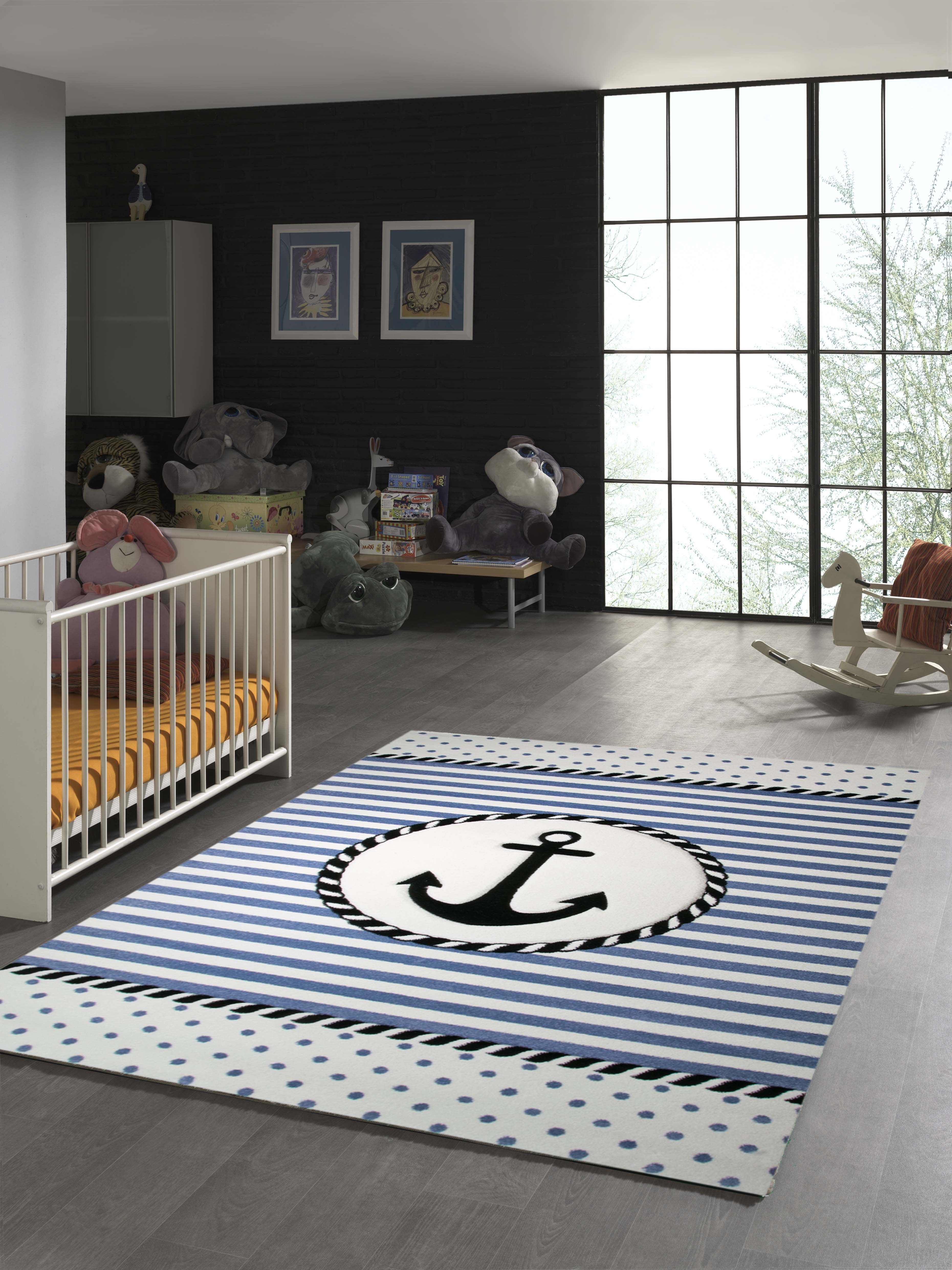TeppichHome24 Kinderteppich Kinderteppich Maritim mit Anker in Blau Creme, rechteckig, Höhe: 1.3 mm