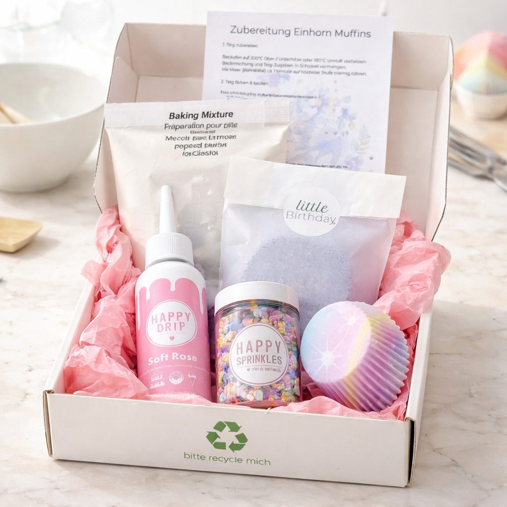 little Birthday Muffinform Back Box Einhorn mit Backmischung, Schokoglasur und Streusel, (Set), Back Set, Geburtstag, alles aus einem Set