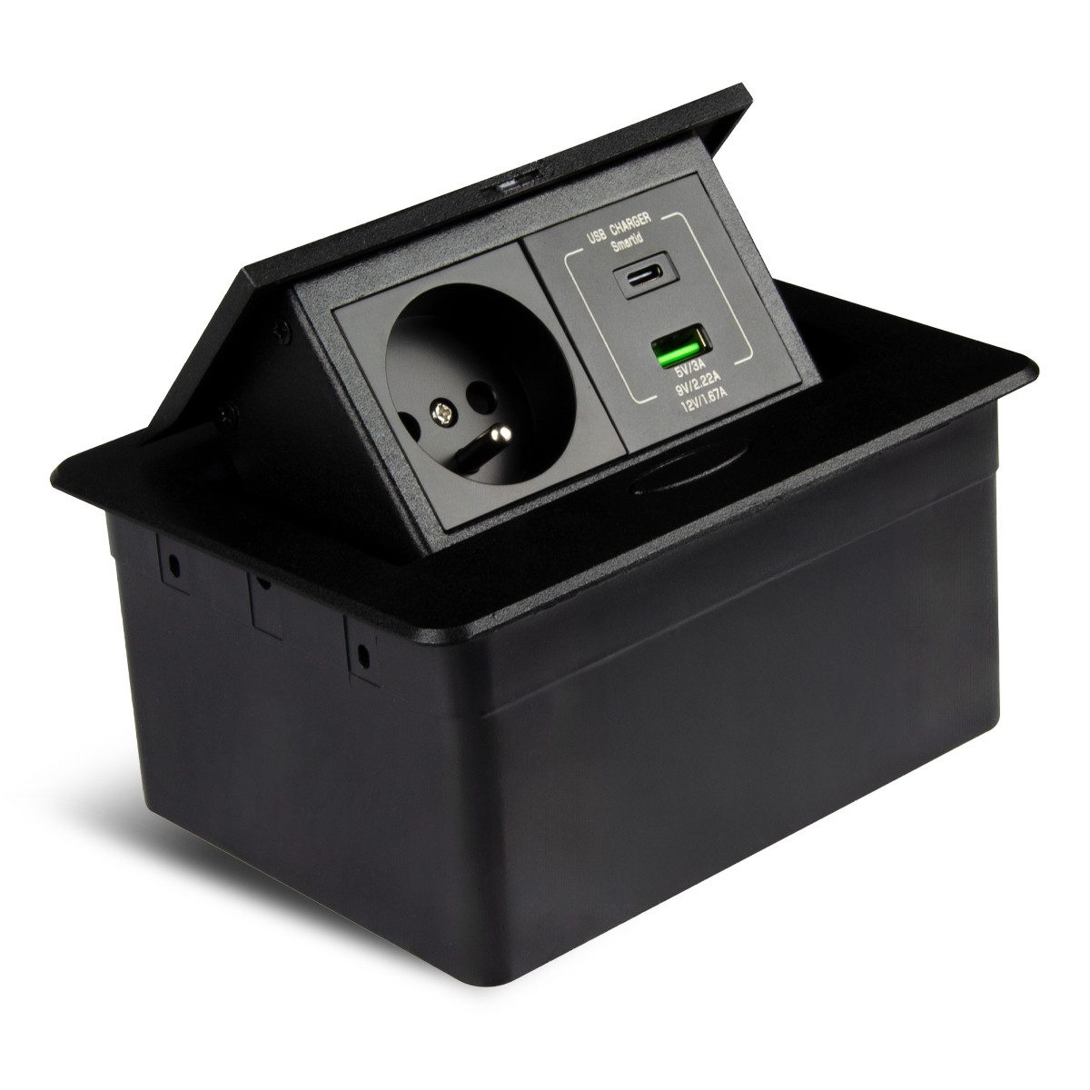 WOPLUS Versenkbare Einbausteckdose Mini USB-A & USB-C, 1-fach Schuko, Schwarz Einbau-Tischsteckdose 1-fach (1 Schutzkontakt-Steckdose, 1 USB-Port Typ A, 1 USB-Port Typ C, 1,8 m Anschlusskabel, Schuko-Stecker), Versenkbar