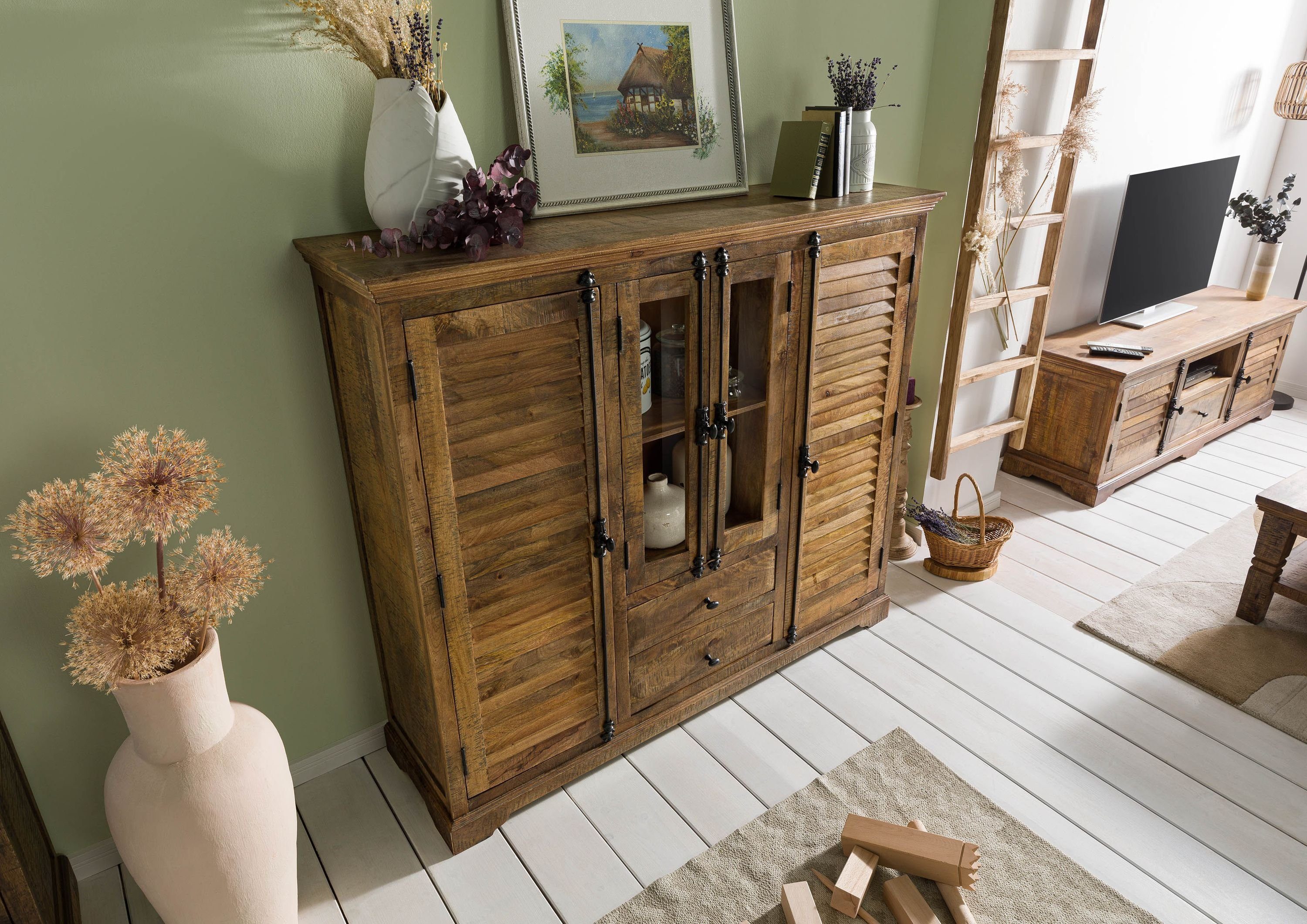 Massivmoebel24 Highboard (Massivholz), Highboard Mango 160x45x140 dunkelbra günstig online kaufen