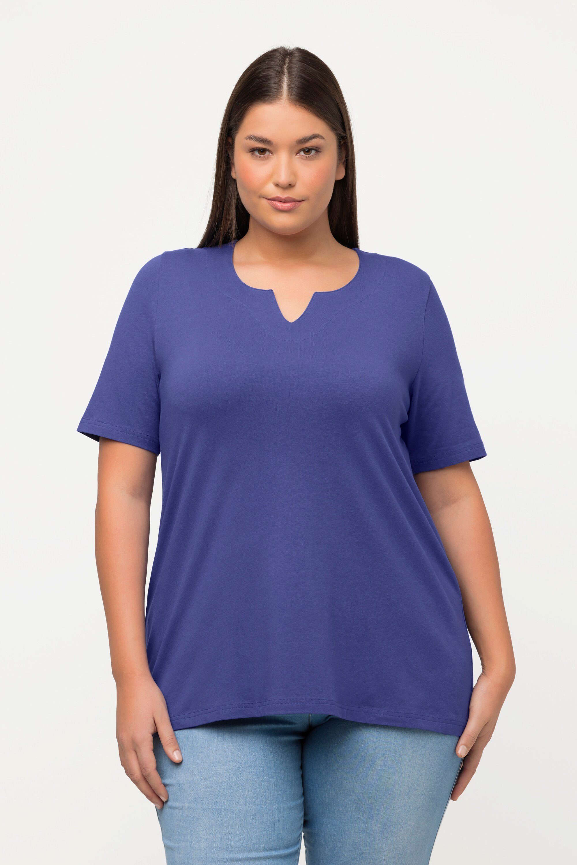 Ulla Popken Rundhalsshirt T-Shirt A-Linie Tunika-Ausschnitt Halbarm blau