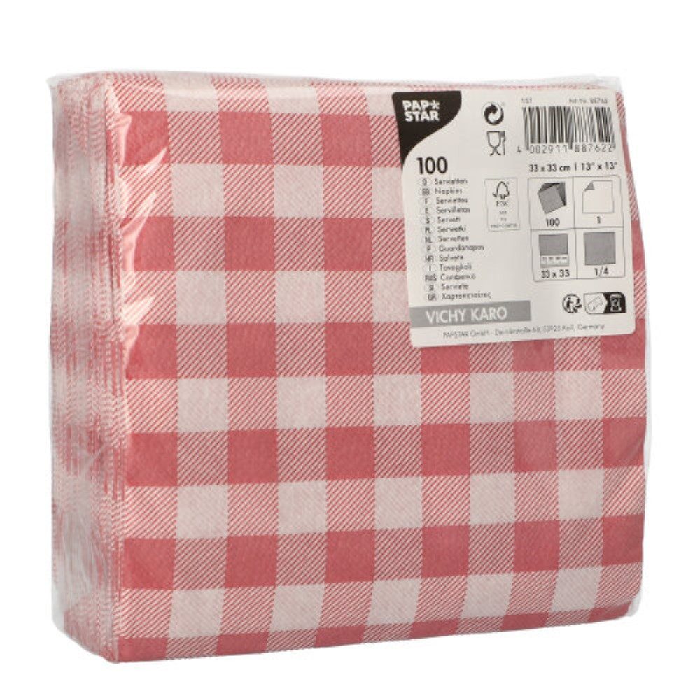 PAPSTAR Papierserviette 100 Servietten, 1-lagig 1/4-Falz 33 cm x 33 cm rot/weiss "Vichy Karo"