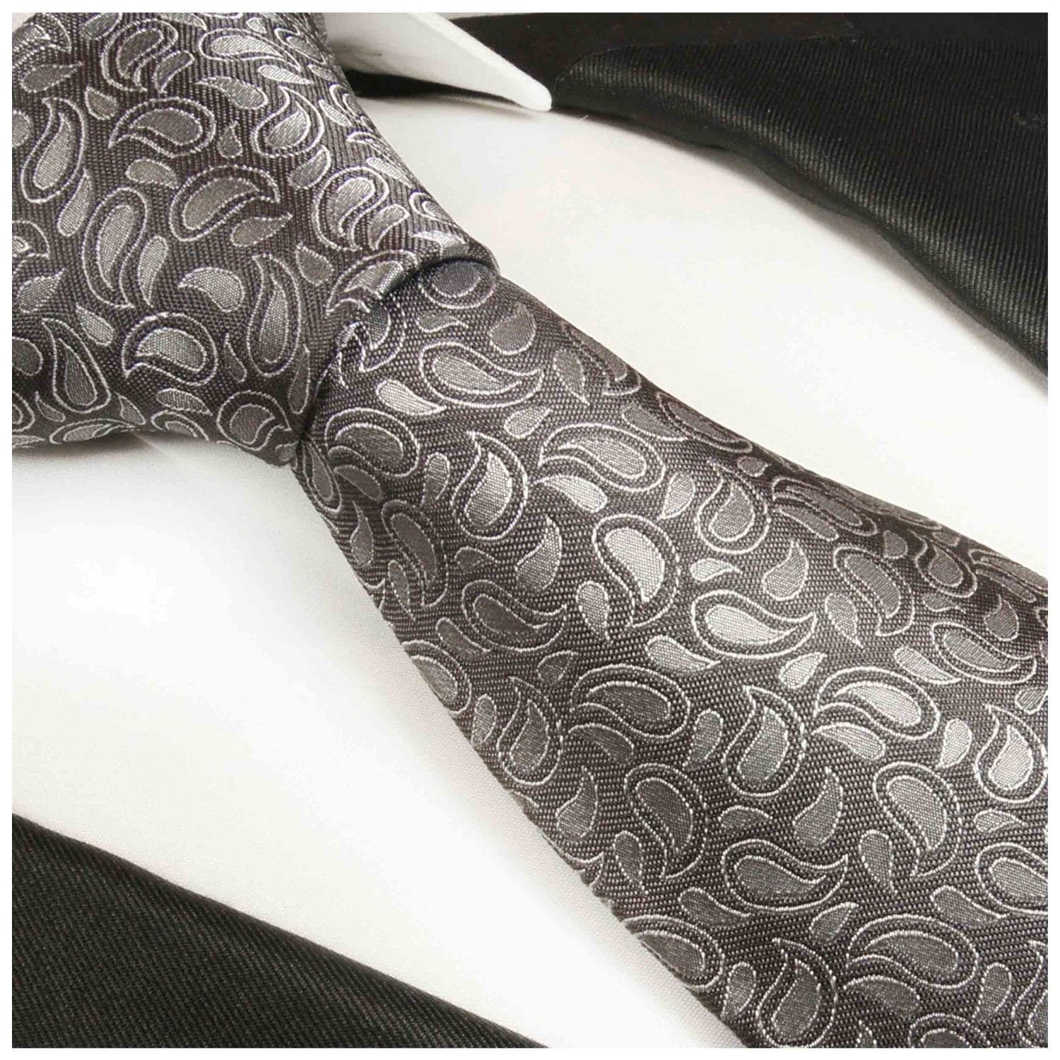 Paul Malone Krawatte Elegante Breit 100% Schlips grau 2005 silber Seide Seidenkrawatte (8cm), brokat paisley Herren