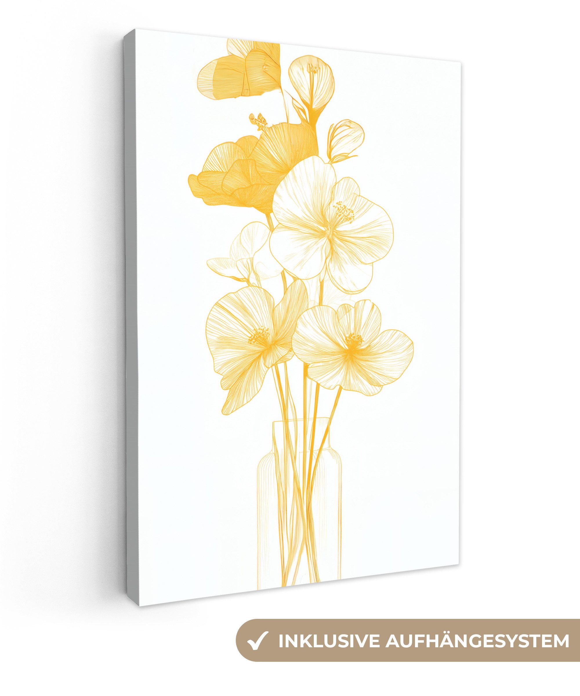 Leinwandbild Strichzeichnung - Blumen - Gelb - Vase