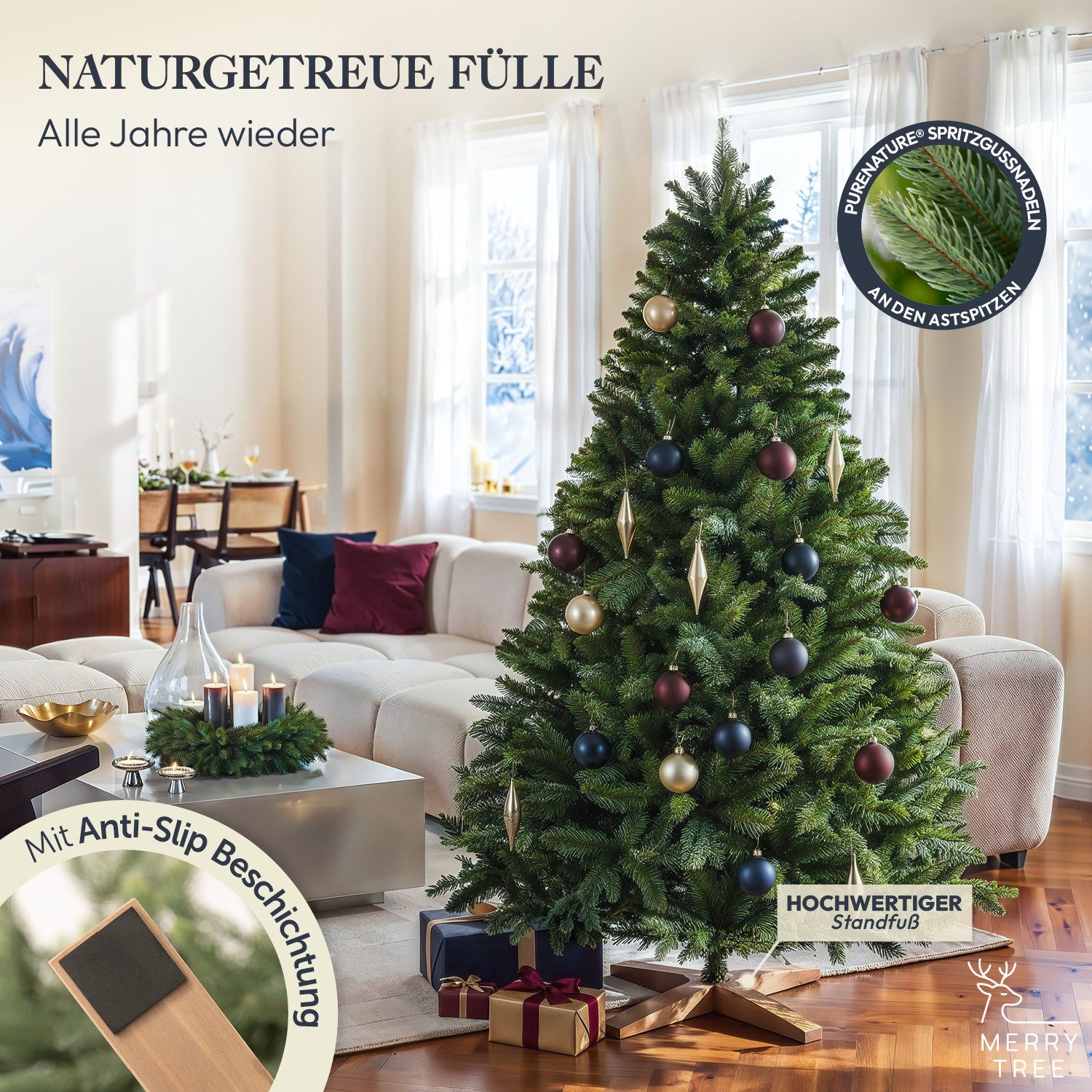 MERRY TREE Künstlicher Weihnachtsbaum Premium künstlicher Weihnachtsbaum aus naturgetreuem PVC + PE, Nordmanntanne, Spritzguss Mix mit massivem Holzfuß, mit und – Bild 3 von 5