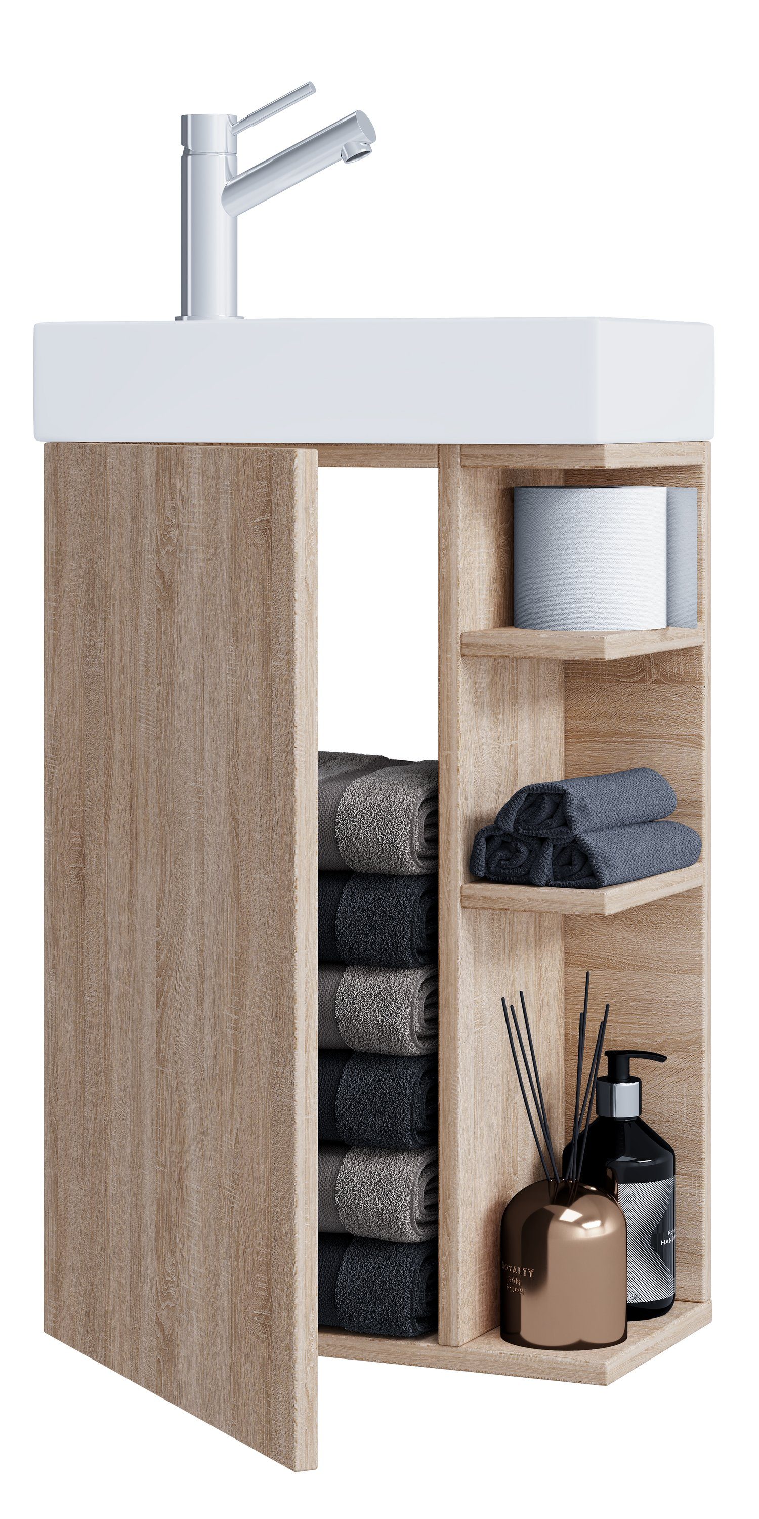VCM Badmöbel-Set Lumia 2er Set B. 40 x T. 22 x H. 70 cm, (Komplett-Set, 2-St., 1x Unterschrank 1x Waschbecken), Waschplatz mit viel Ablagefläche, für Gästebäder, 4 Fächer, Drehtüren