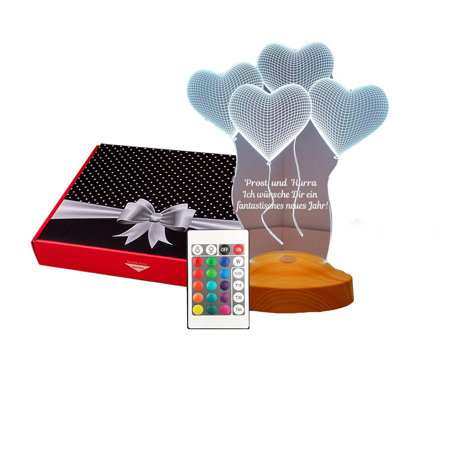 Geschenkelampe LED Nachttischlampe Vier Herzen Neues Jahr 3D mehrfarbige Nachtlicht, Leuchte 7 Farben fest integriert, Silvester Geschenk für Freunde, Kollege