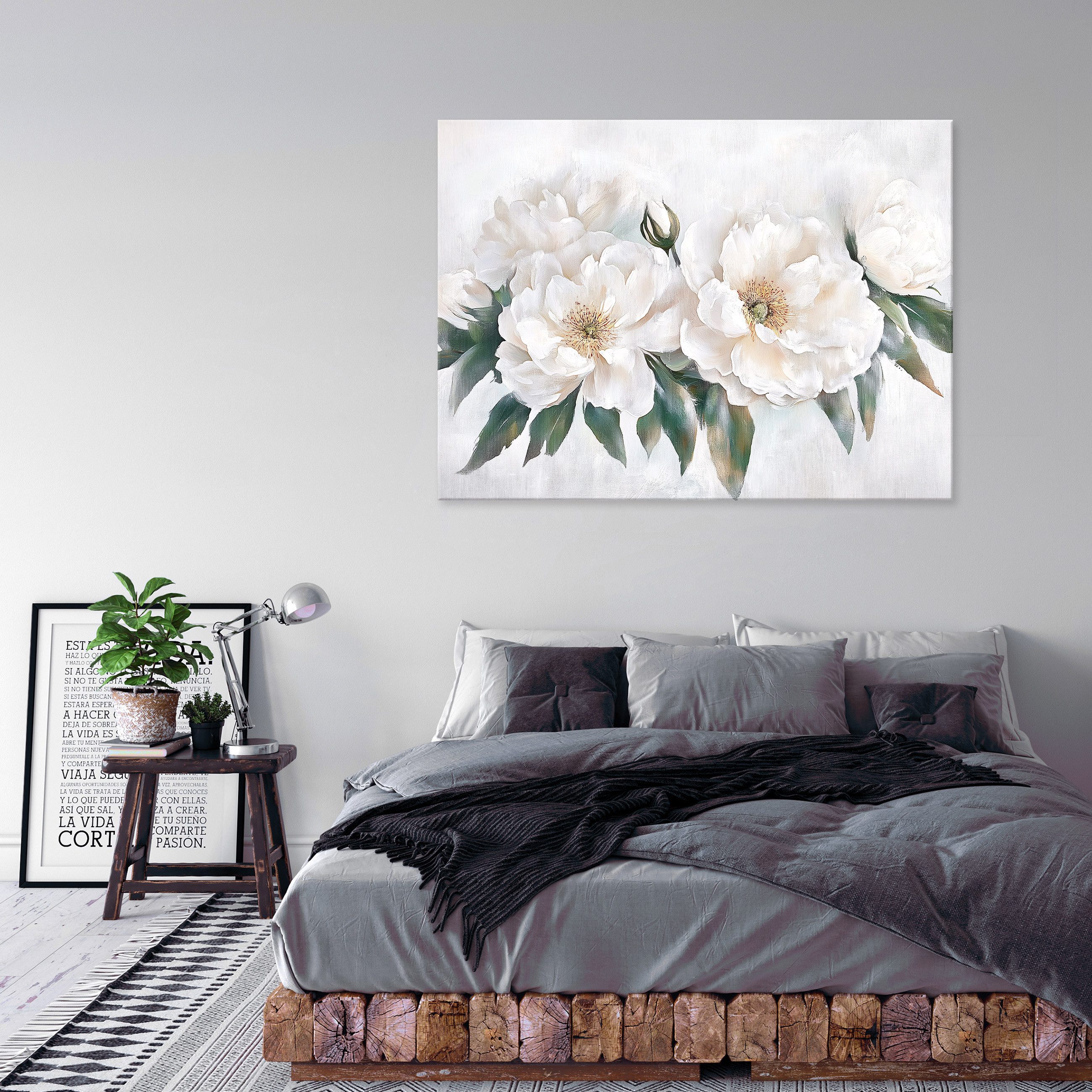 Wallarena Leinwandbild Blumen Beton - Weiß - Elegant - Wohnzimmer, Blumen, 40x30x2cm