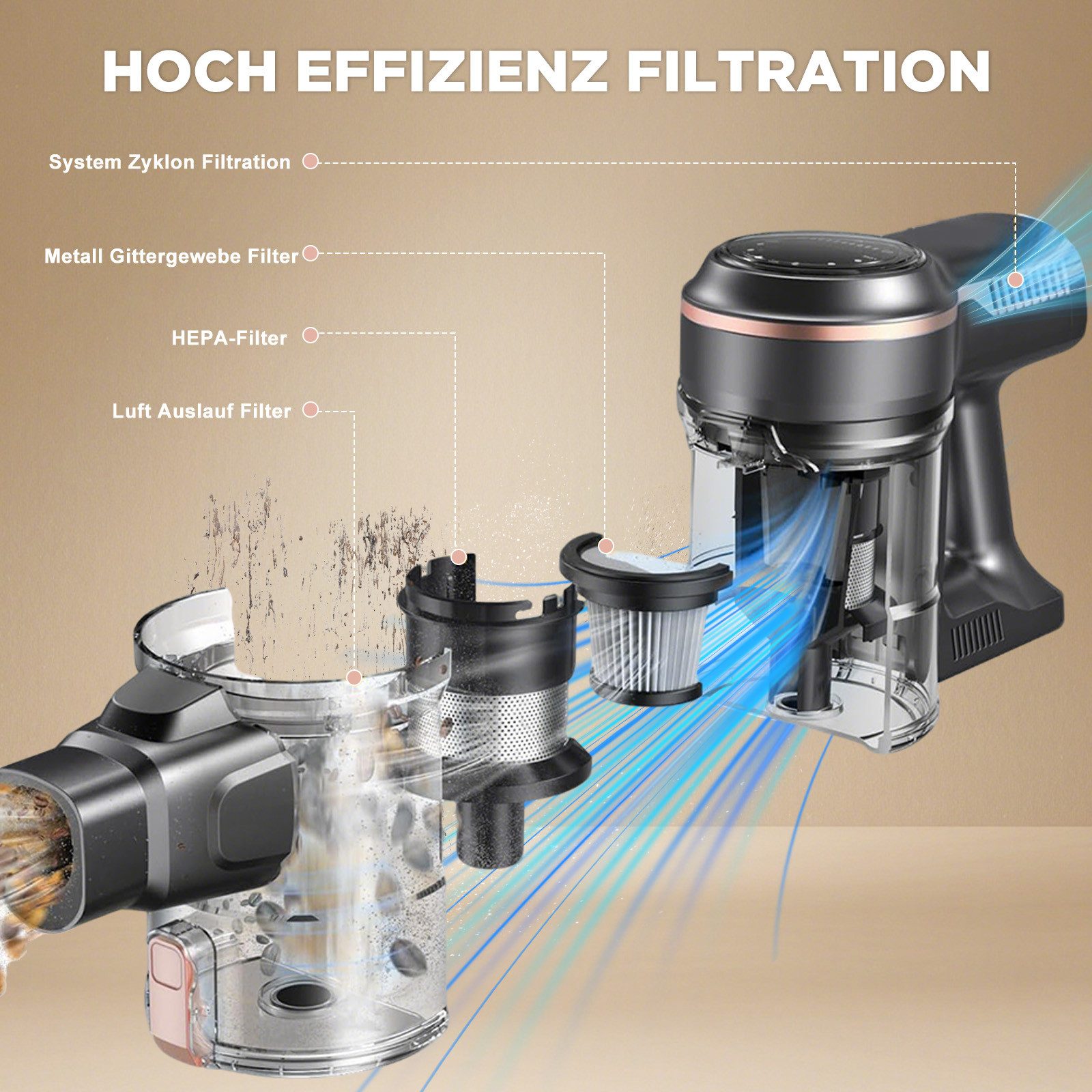 INSE Akku-Hand-und Stielstaubsauger Akku Staubsauger 50000Pa/1.2 L/60 Min, Staubsauger Kabellos, 1,2L Staubbehälter, mit LED Display,3 Saugstufen,Akkusauger, 2500mAh Für Teppich,Tierhaare