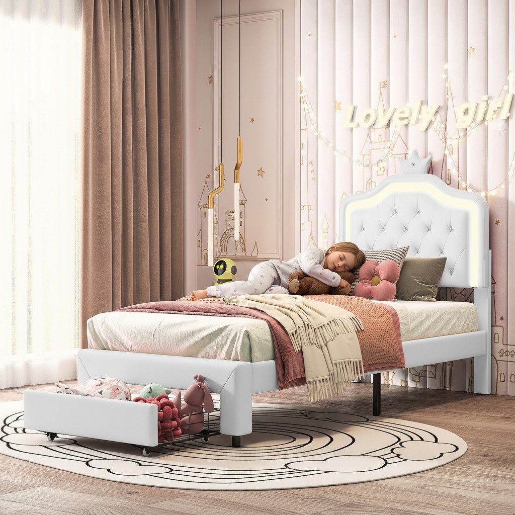 Simurq Kinderbett Prinzessin Bett, Kinderbett 90x200, Mädchen Bett, Bettgestell, Komfort-Lattenrost, Jugendbett mit Stauraum, Kunstleder, pflegeleicht