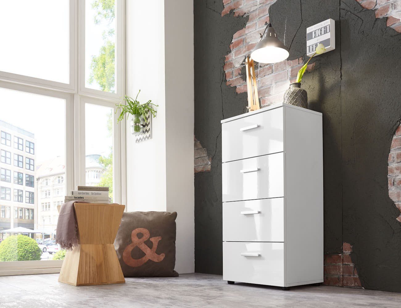 BMG Möbel Kommode Monaco (Schubkastenkommode mit 4 Schubkästen, 44 cm breit, Höhe 91 cm), Fronten Hochglanz Weiß, ideal für Flur und Schlafzimmer geeignet
