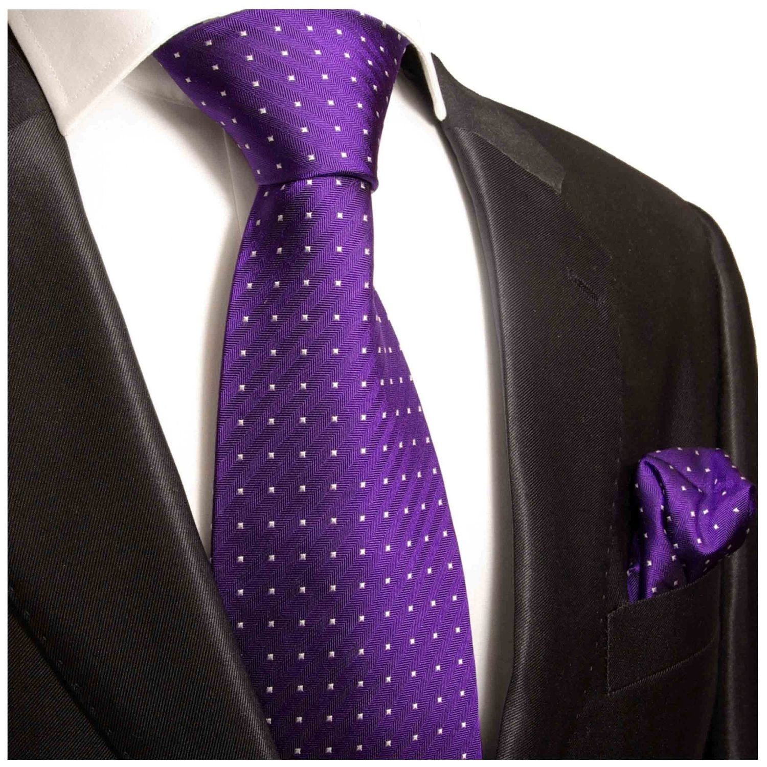 Paul Malone Krawatte Herren Seidenkrawatte mit Tuch modern gepunktet 100% Seide (Set, 2-St., Krawatte mit Einstecktuch) Schmal (6cm), lila violett 449