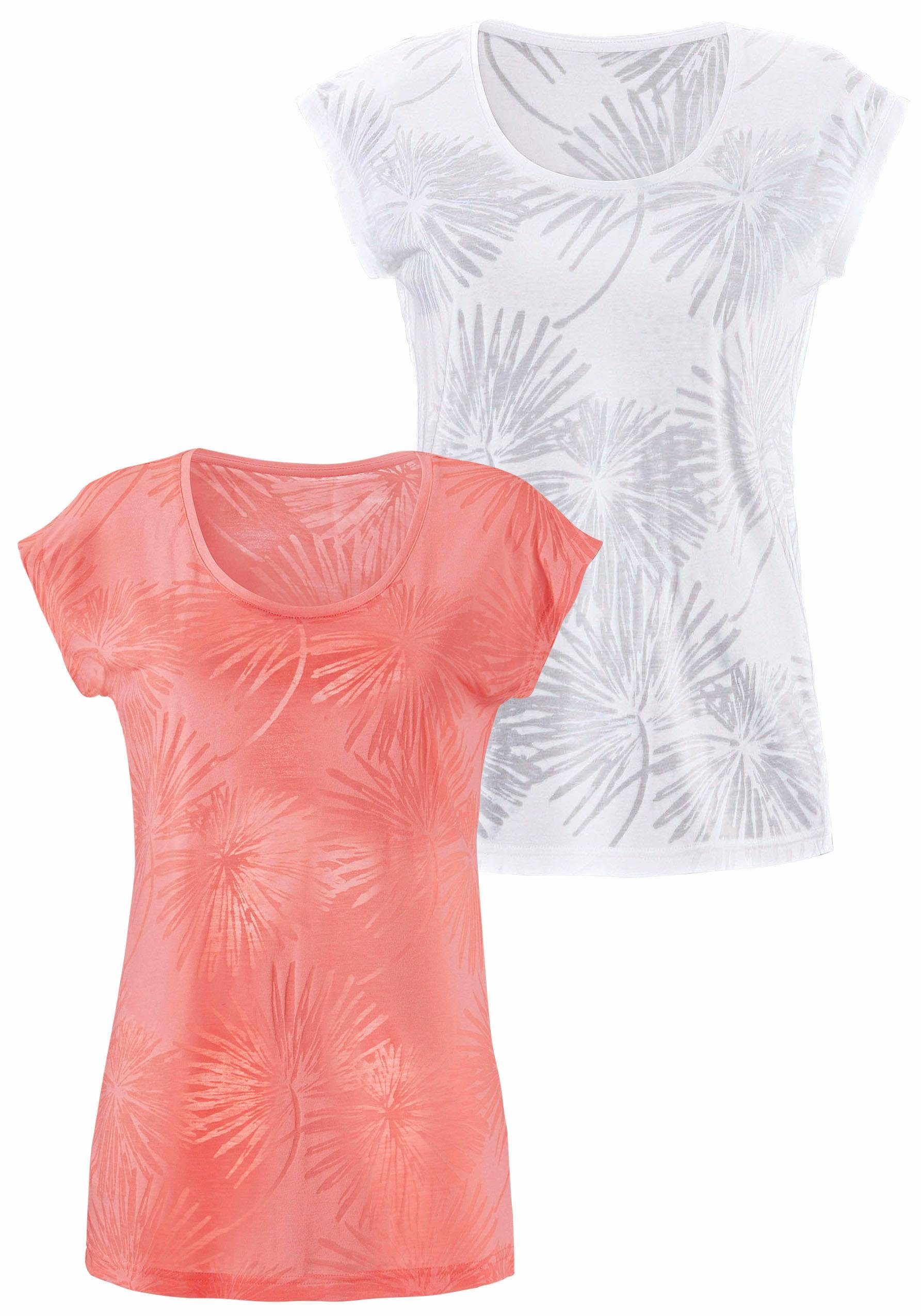mit transparenten T-Shirt leicht Ausbrenner-Qualität Palmen Beachtime weiß apricot, (2er-Pack)
