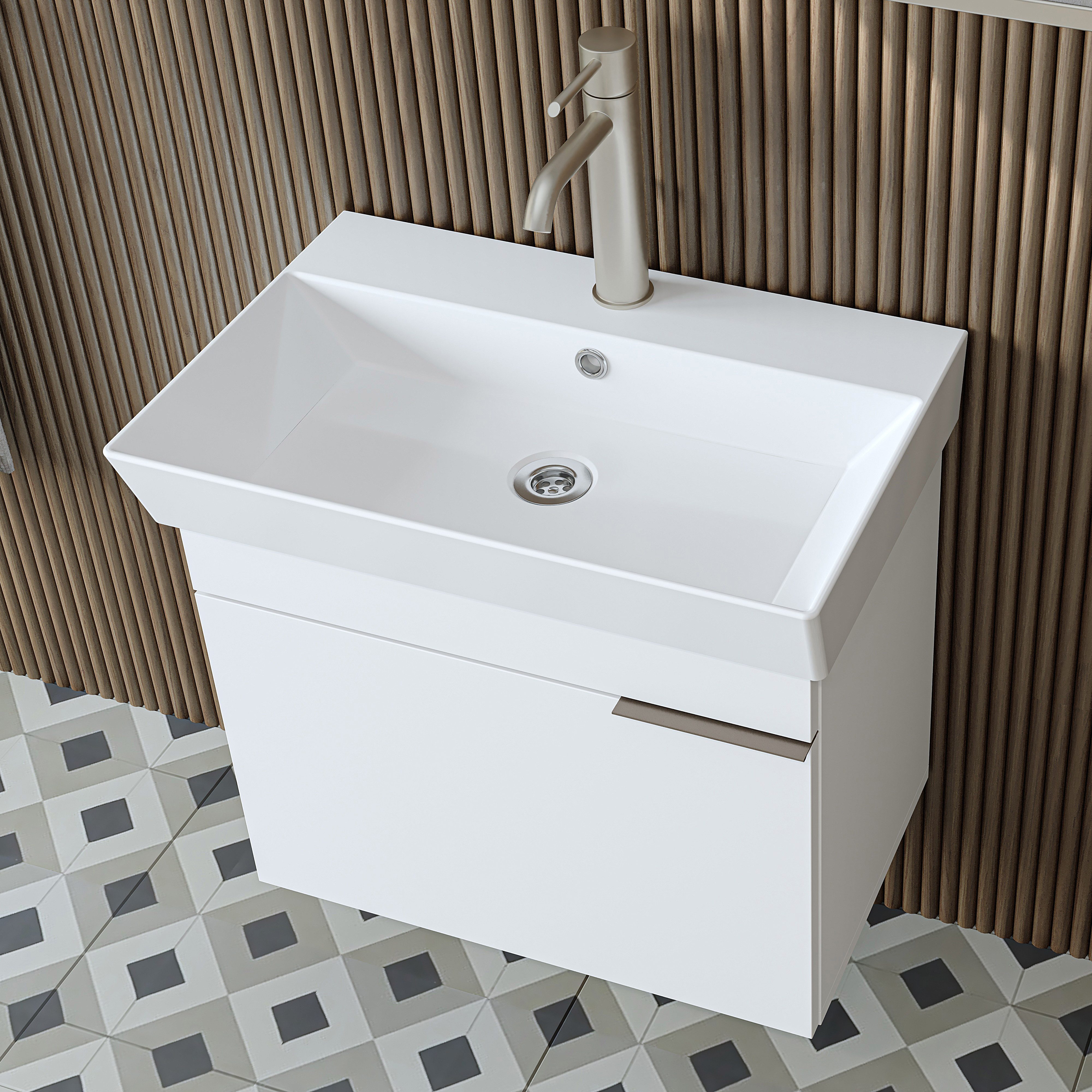 Roomart Waschbeckenunterschrank LYCIA 60 cm hängend, Keramikbecken inkl., Soft-Close, 4 Farben (Set) Soft-Close-Tür, nur 32 cm tief, Wandmontage, Waschbecken, 4 Farben