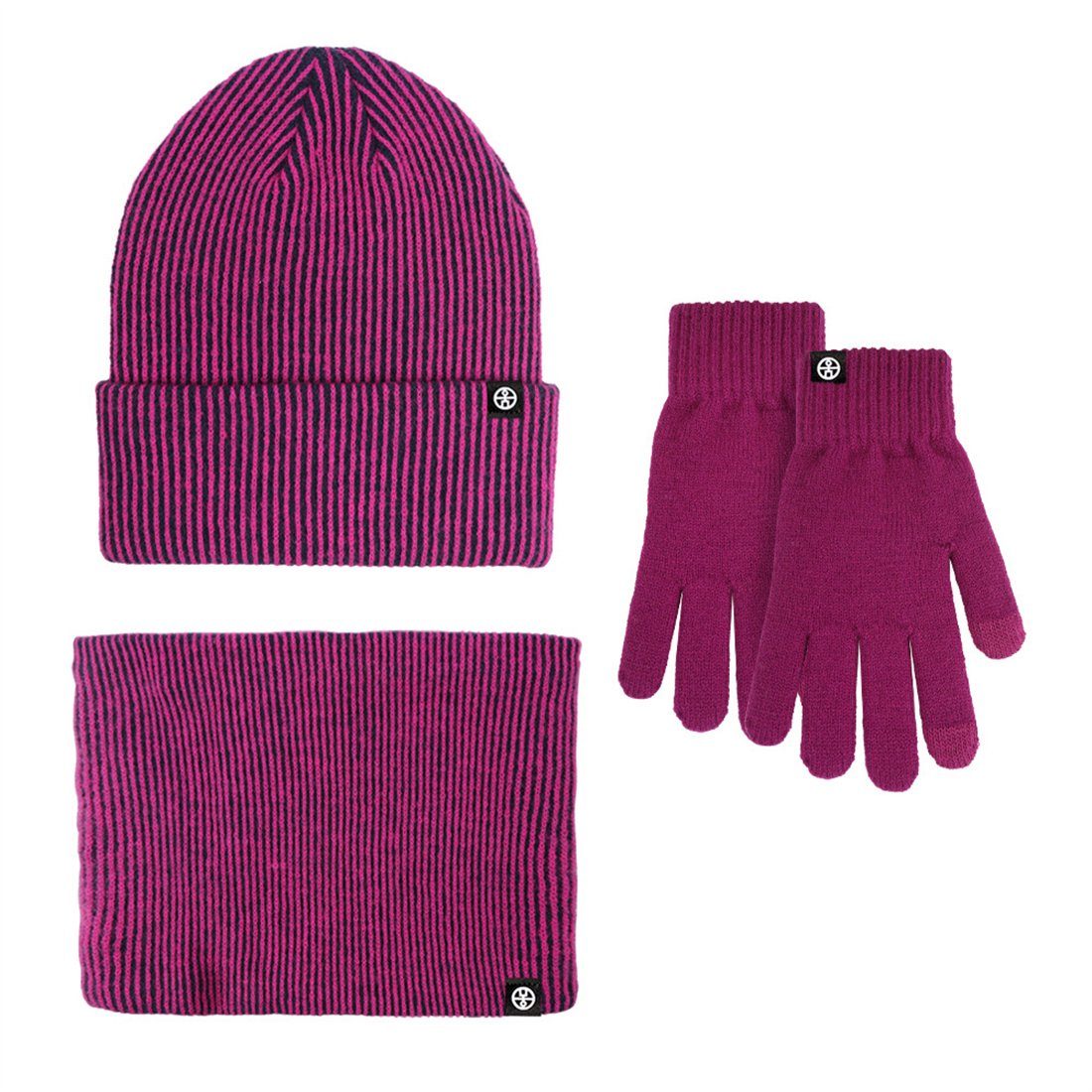 DÖRÖY Strickmütze Warmes Unisex-Winterset, wattierte Lila + Schal 3tlg. Handschuhe + Mütze