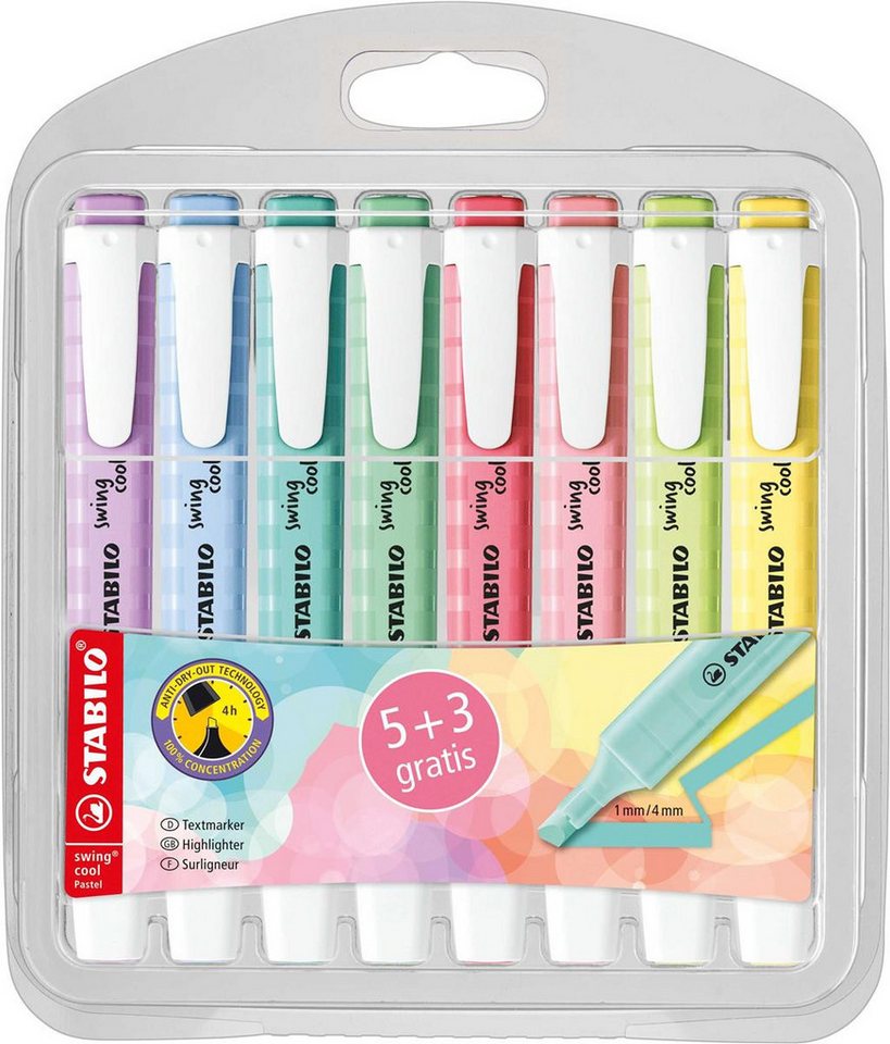 STABILO Marker Textmarker swing® cool Pastel - 5+3er Pack - mit 8 verschiedenen Farbe
