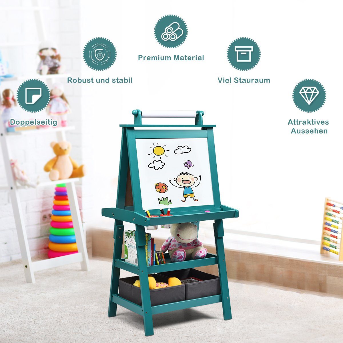 COSTWAY Standtafel Kinder Staffelei, doppelseitig, mit Magneten & 2 Boxen