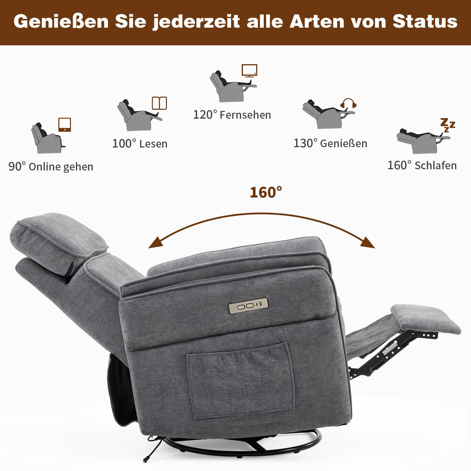 LALAHO Sessel Relaxsessel Fernsehsessel Liegesessel, Wippfunktion,Heizfunktion, Stillstuhl, verstellbare Kopfstütze und Armlehnen, USB, USB‑C – Bild 5 von 5