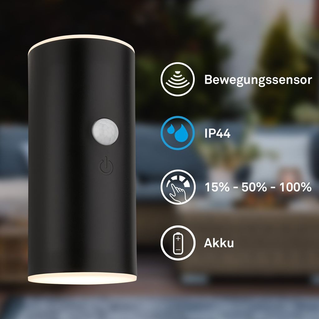 Briloner Leuchten Wandleuchte LED Wandlampe kabellos Akku USB-C Bewegungsmelder, LED wechselbar, 3000K - Warmweiß, 7x8,5x15,5 cm, Akku tauschbar, Indoor/Outdoor, Balkon, Hauswand