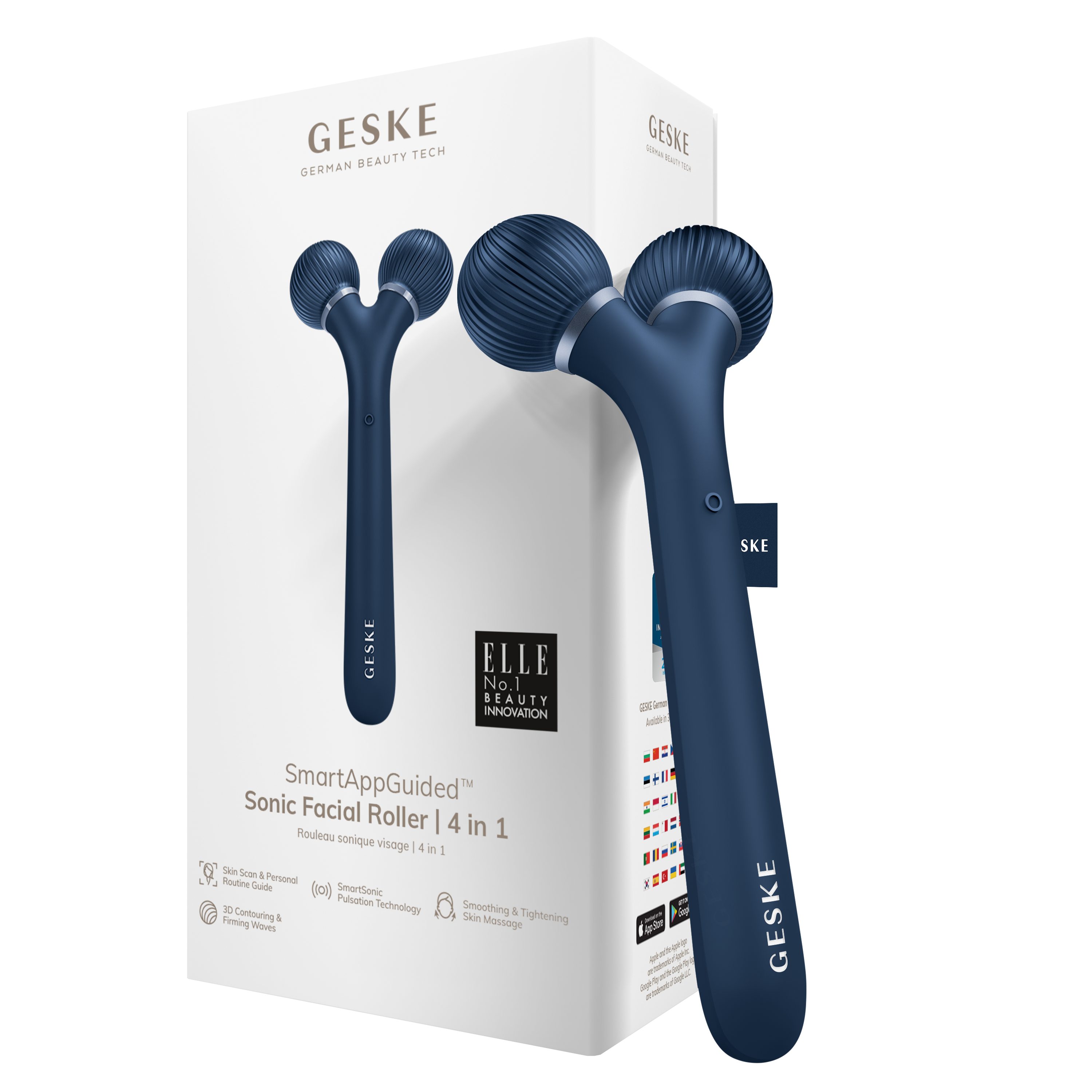 GESKE German Beauty Tech Dermaroller SmartAppGuided™ Sonic Facial Roller 4 in 1, Packung (Gerät & USB-Ladekabel), 2-tlg., Gerät inkl. kostenloser APP (SmartAppGuided Device), Mit der GESKE App erhältst Du deine personalisierte Hautpflegeroutine. Midnight