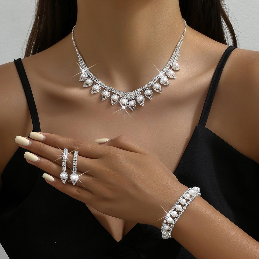 AUzzO~ Damenschmuck Bräute Armbänder für Hochzeits, 3-tlg Accessoires Schmuckset Strass-Set Halskette Ohrringe