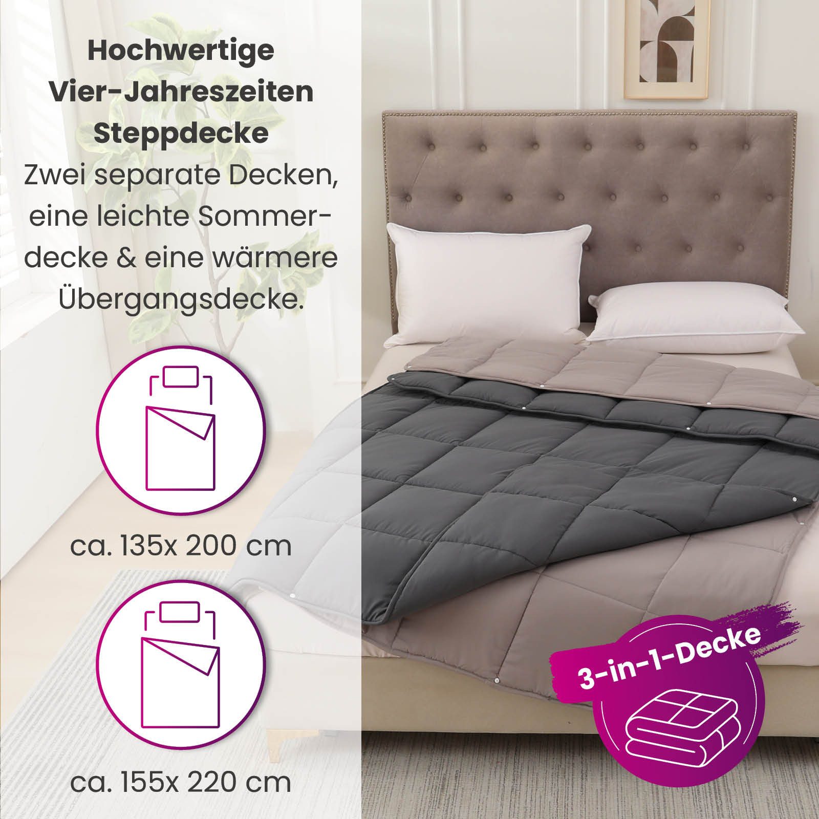 wometo Microfaserbettdecke 4-Jahreszeiten Steppbett Bi-Color, 2 Deckengrößen, Füllung: Kunstfaser, OEKO-TEX®, gesteppte Bettdecke für das ganze Jahr