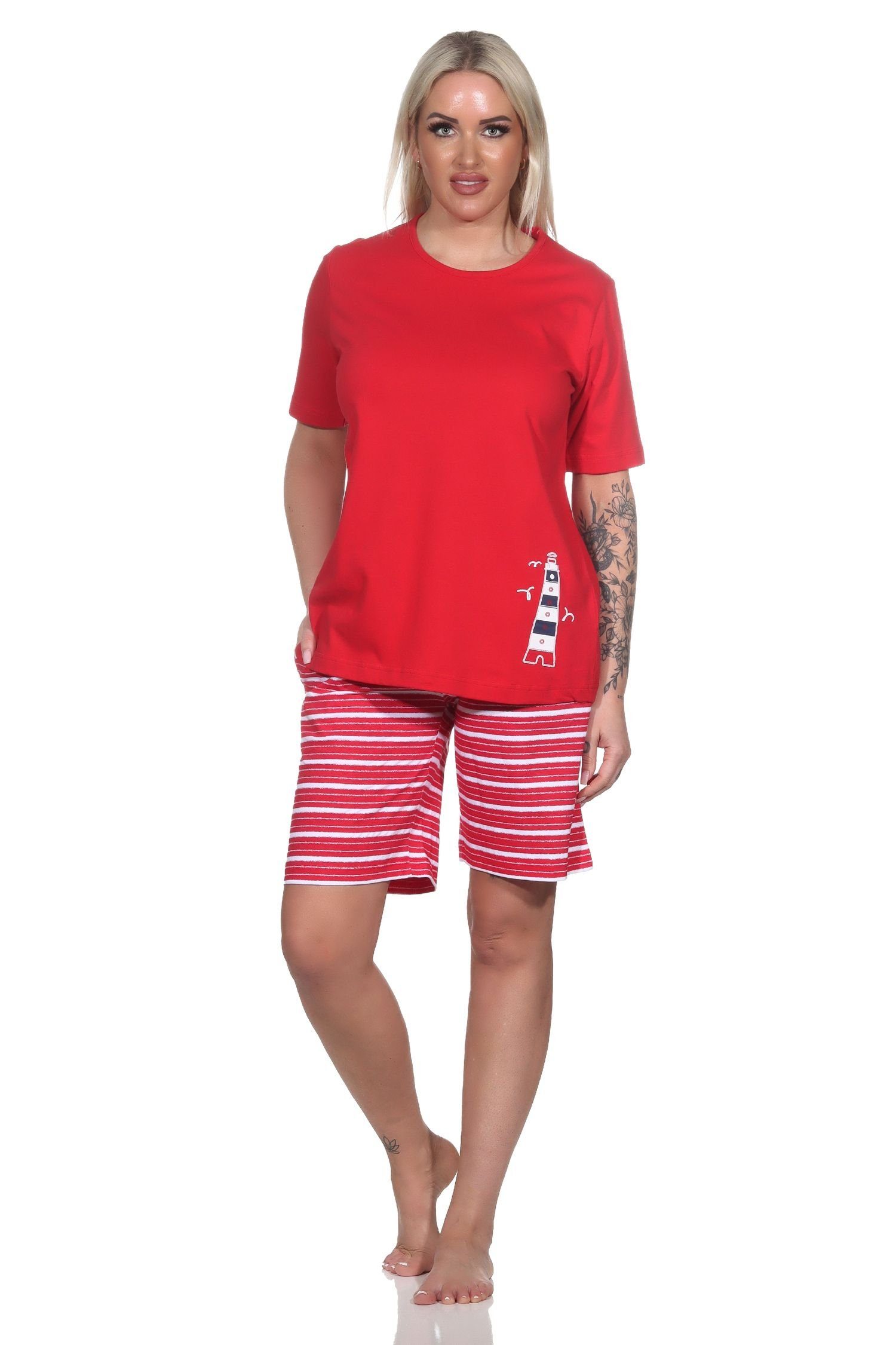 Normann Pyjama Maritimer Damen kurzarm Schlafanzug Shorty mit Leuchtturm als Motiv rot