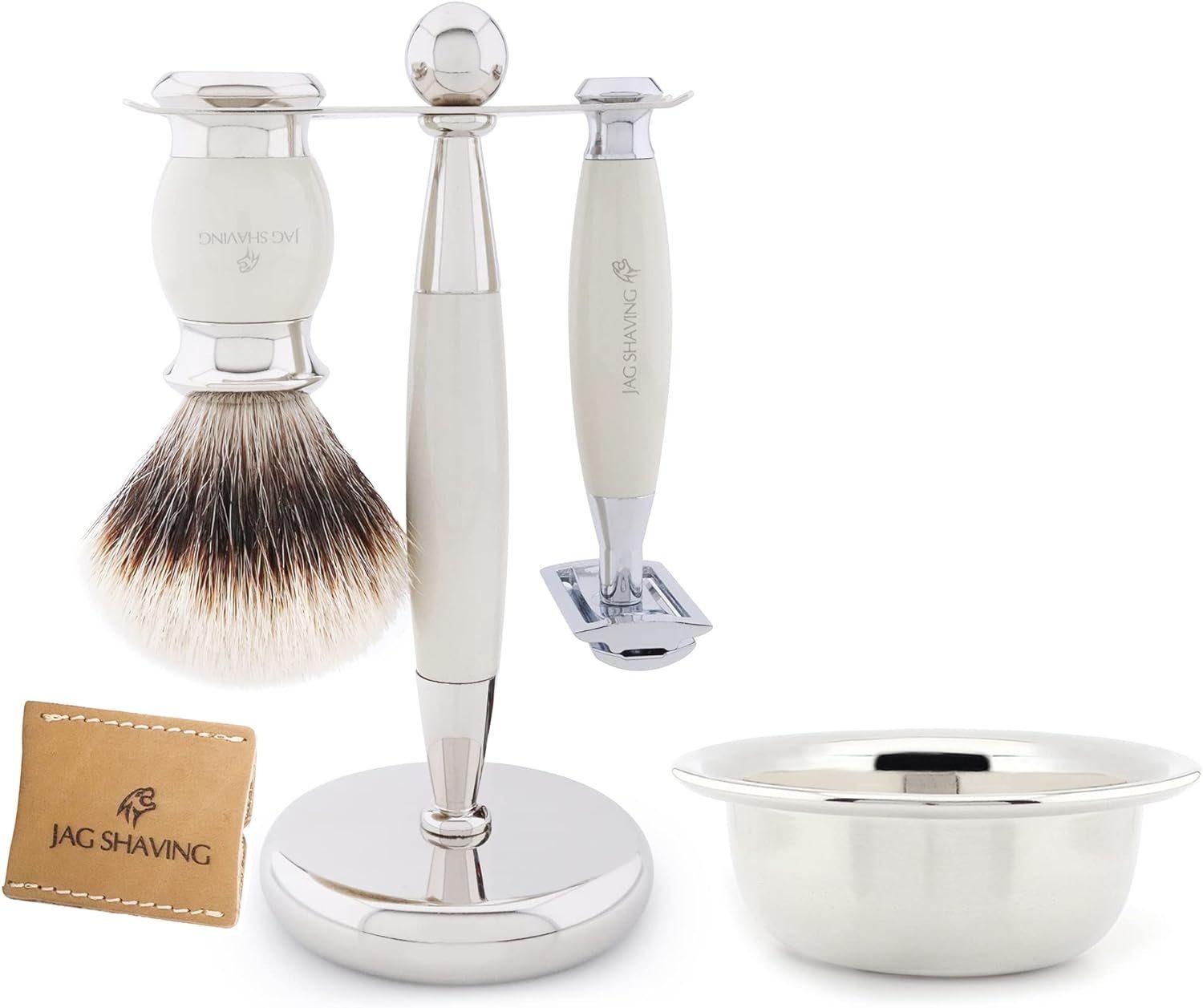 JAG SHAVING Rasierpinsel-Set 5-teiliges Rasierset Kunsthaar-Rasierpinsel mit Silberspitze, 5 tlg.