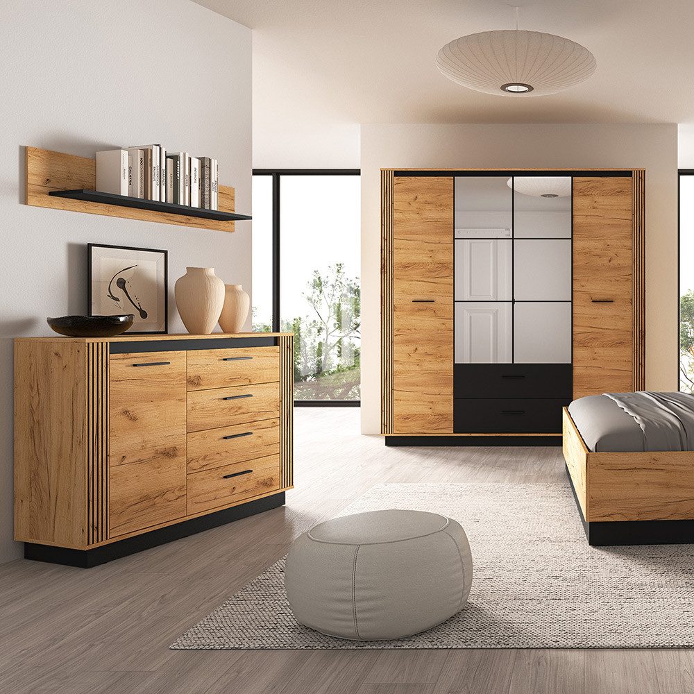 Lomadox Schlafzimmer-Set URBANIA-131, (Spar-Set, 3-tlg., Kleiderschrank Kommode Wandregal), Schlafzimmermöbel Garderobenschrank Schrank cm in Eiche mit schwarz