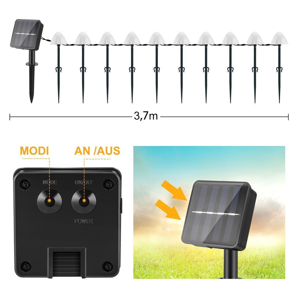 LED LEDs Pilz Licht IP44 20/10 LED Solarleuchten-3.7m 8 Solarleuchte Modi, LED Wasserdichte Dekoration Lampe Warmweiß, integriert, Pilz Solar 10 Garten Solarleuchten, LEDs fest oyajia Gartenleuchten Solar