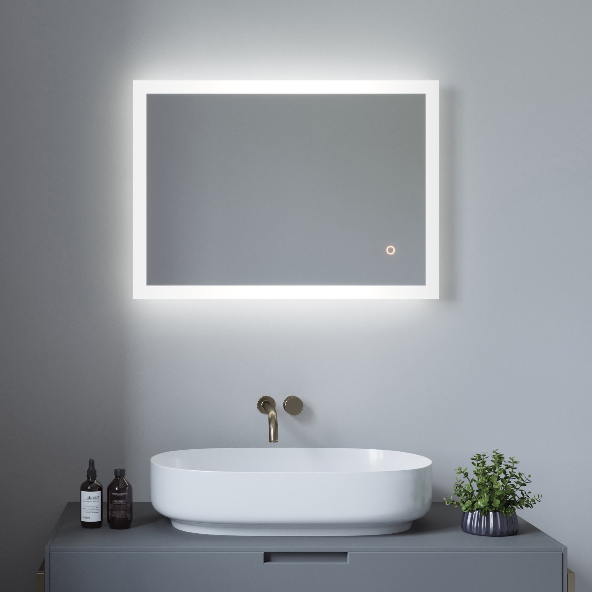 AQUALAVOS Badspiegel Led Badspiegel Touch Wandspiegel mit Beleuchtung 70x50cm Kaltweiß IP44, Touch-Schalter Dimmbar, Horizontale / vertikal Aufhängung