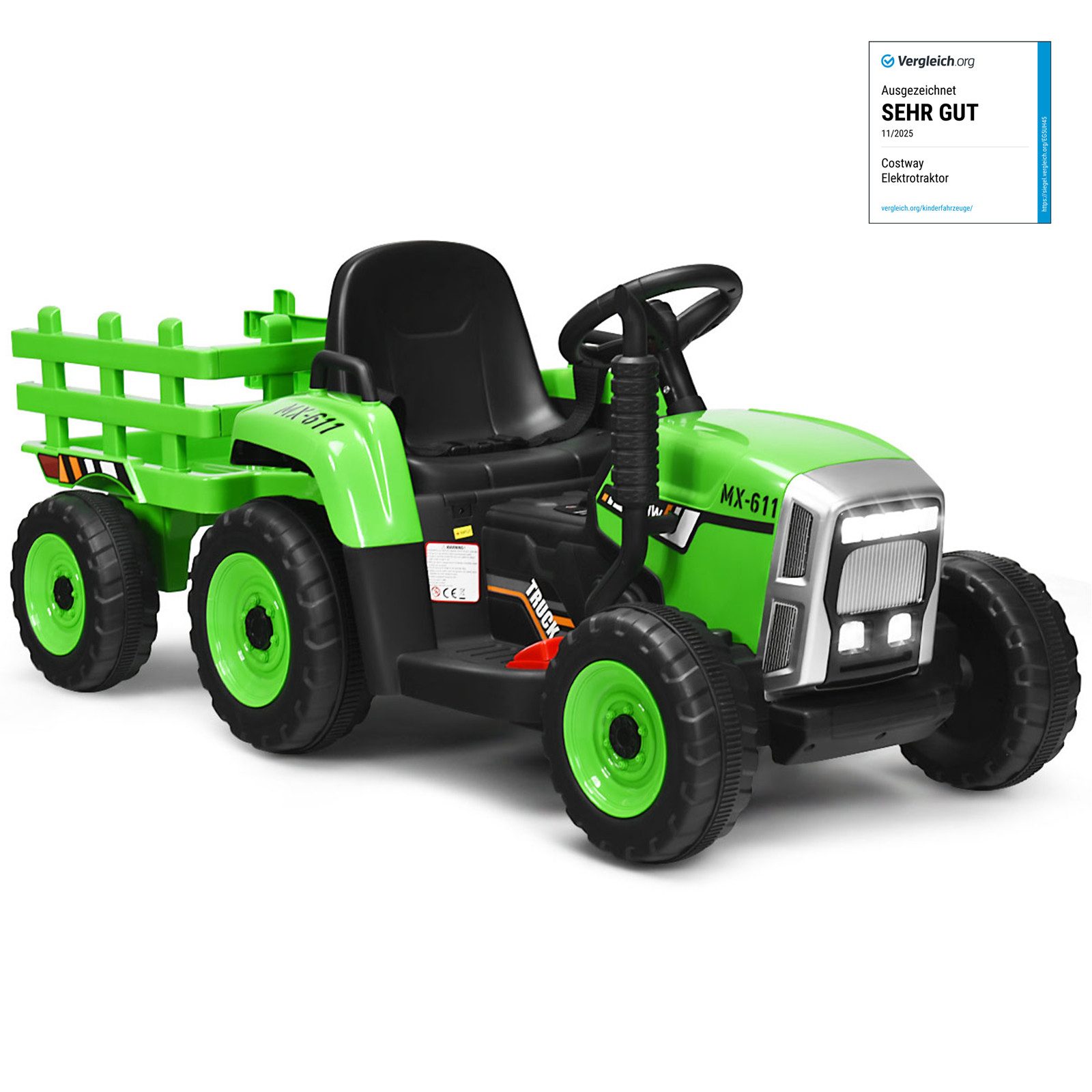 COSTWAY Elektro-Kindertraktor Aufsitztraktor, mit USB & abnehmbarem Anhänger