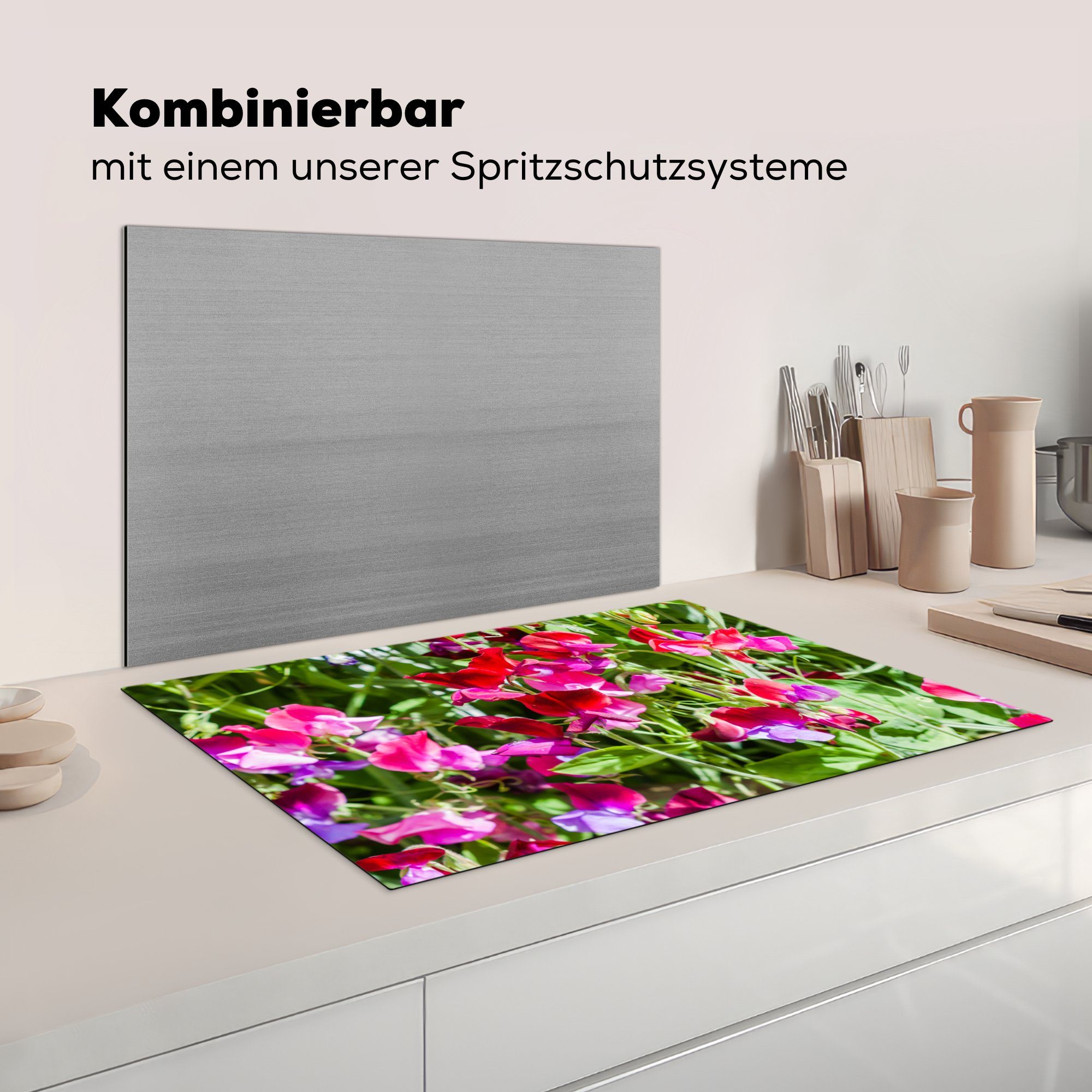 die Schutz im tlg), cm, Ceranfeldabdeckung für Lathyrus-Blüten Vinyl, Induktionskochfeld Garten, küche, (1 MuchoWow 81x52 Herdblende-/Abdeckplatte