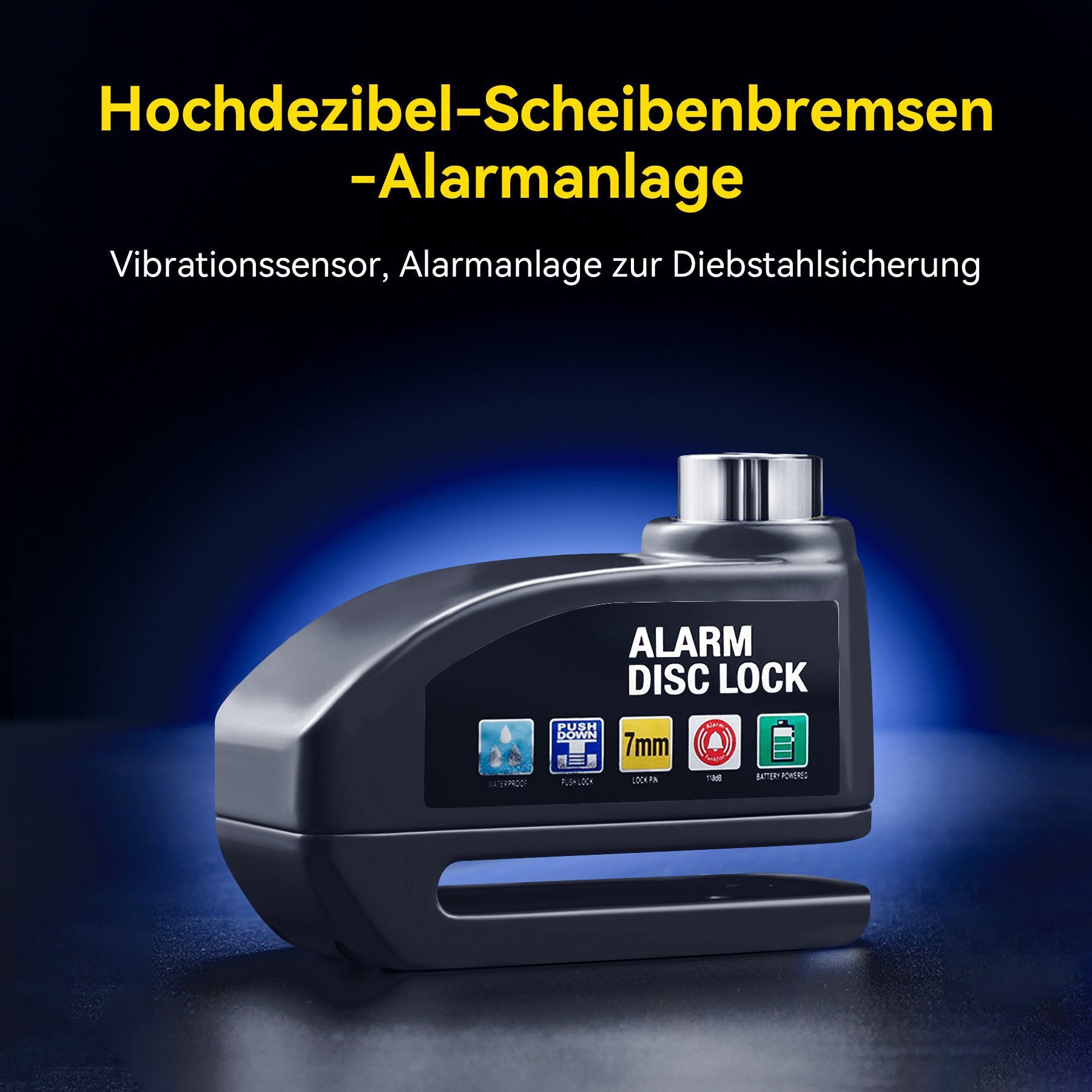 Senmudi Rahmenschloss Bremsscheibenschloss, Motorrad Schloss Alarm 110db (Wasserdichtes Hochsicherheits-Motorradschloss mit Fahrrad-Alarmanlage, Scooter, für Moped, Fahrrad, Motorradschloss Alarmanlage), Universal ø7 mm, mit Erinnerungsschnur