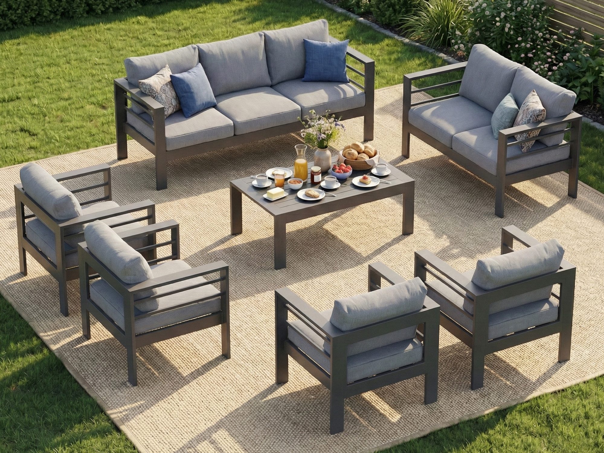MeXo Gartenlounge-Set XXL Gartenmöbel Set Aluminium Outdoor, (Set, 7-tlg., 4×Sessel, 1×3-Sitzer Sofa, 1×2-Sitzer Sofa, 1×Tisch, 18×Auflagen), wetterfest Lounge Set für 8-9 Personen, Flexible Kombination