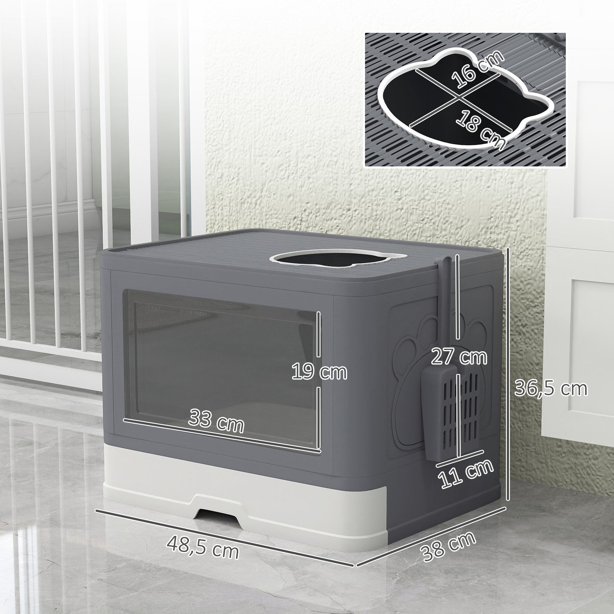 PawHut Katzentoilette Katzenklo mit Schaufel, Deckel, Toilette für Katzen bis 4 kg, für Indoor, Kunststoff Grau 48,5 x 38 x 36,5cm