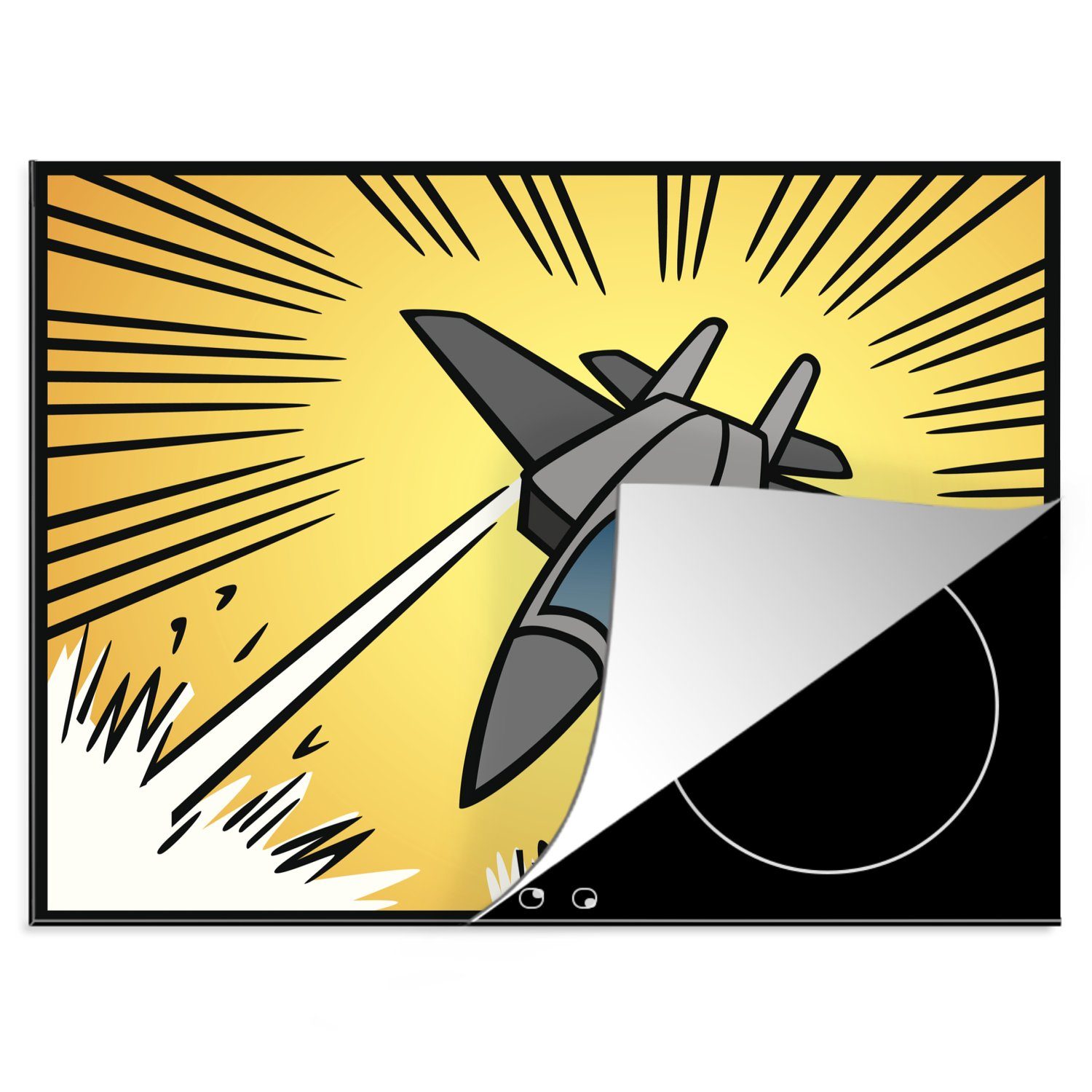 MuchoWow Herdblende-/Abdeckplatte Illustration eines angreifenden Flugzeugs für Kinder, Vinyl, (1 tlg), 60x52 cm, Mobile Arbeitsfläche nutzbar, Ceranfeldabdeckung