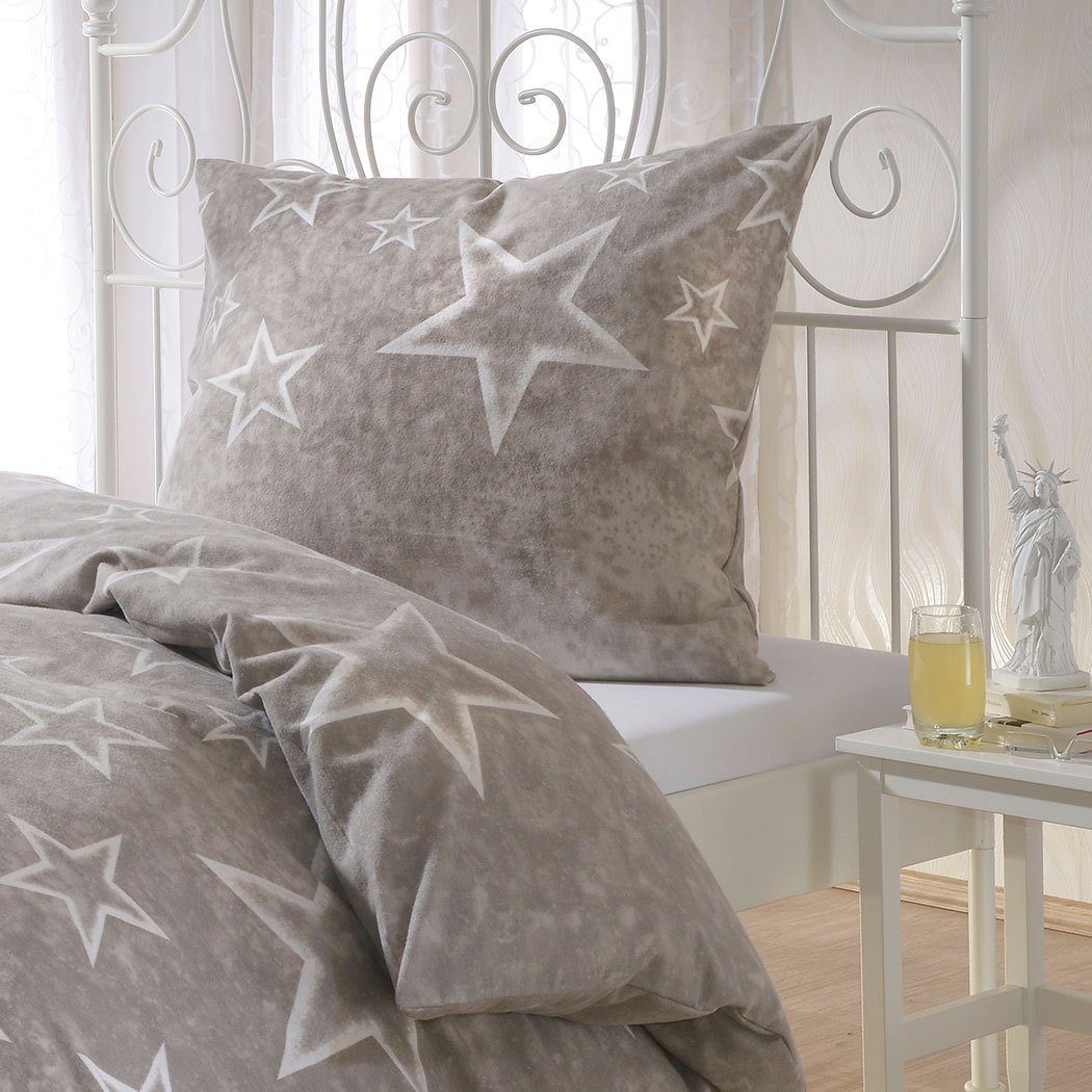 BETTWARENSHOP Bettwäsche Sterne taupe, Biber, 2 teilig, warme weiche Kusche günstig online kaufen