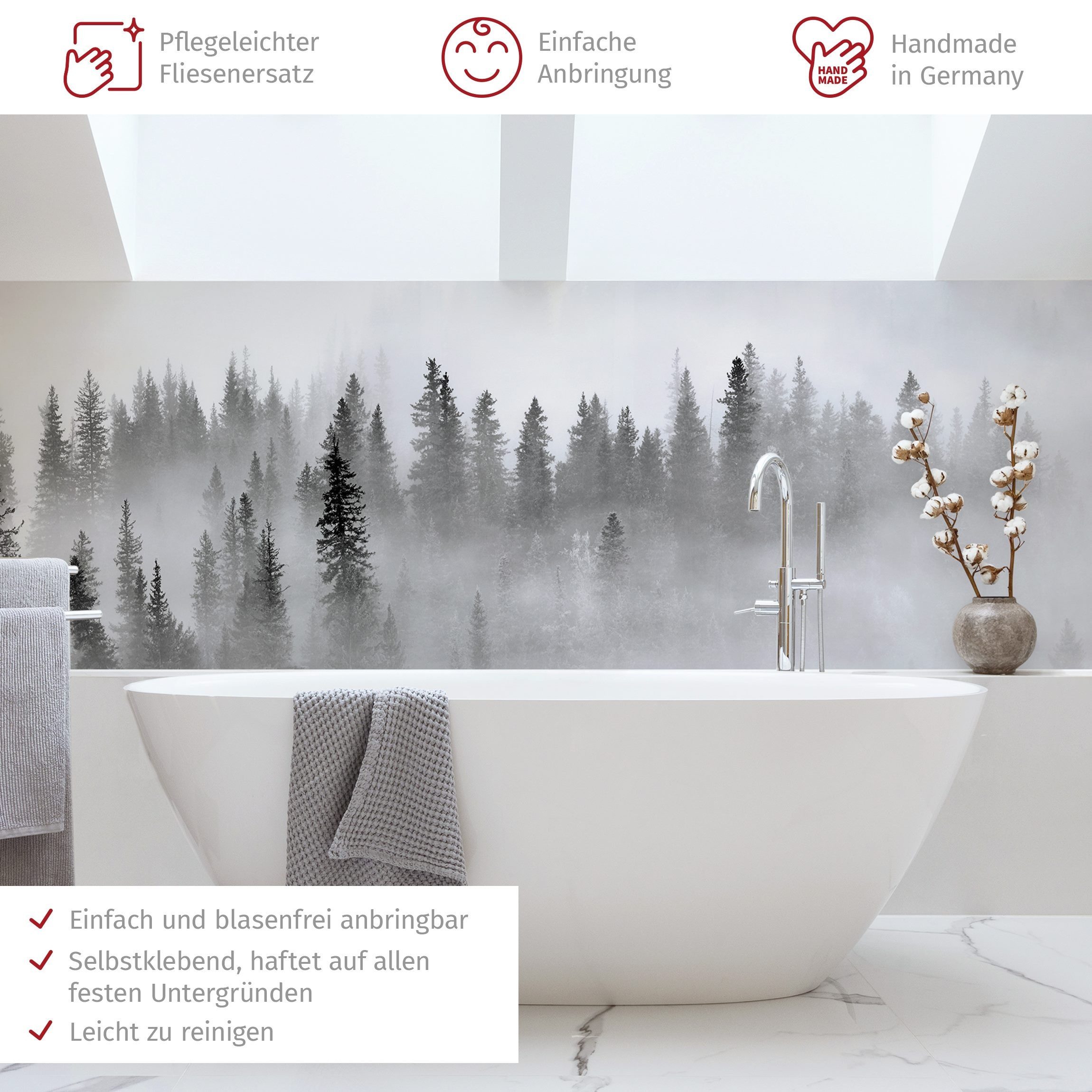 Bilderdepot24 Badrückwand schwarz weiss fugenlose Wandverkleidung Bad mit Motiv, (Hartfolie matt » Selbstklebend SMART 0,35 mm), wasserfestes Wandpaneel Nebel Tannenwald