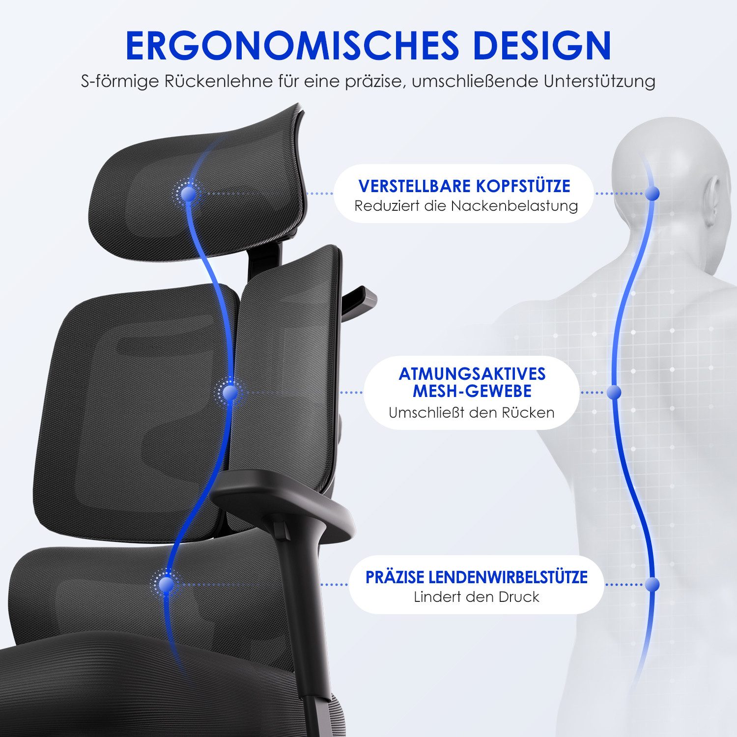 Hiazurm Bürostuhl Bürostuhl, Chefsessel, ergonomischer Schreibtischstuhl, atmungsaktiv (3-stufig arretierbare Rückenlehne (90°, 130° und 160), adaptives Rückenlehnendesign, dynamische, selbsteinstellende 20°-Lendenwirbelstütze, verstellbare 3D-Kopfstütze, 6D-Multifunktionsarmlehnen, höhenverstellbare Rückenlehne und Belastbarkeit bis 200 kg), Höhenverstellbarer Drehstuhl, Stummes Rad, Schwarz